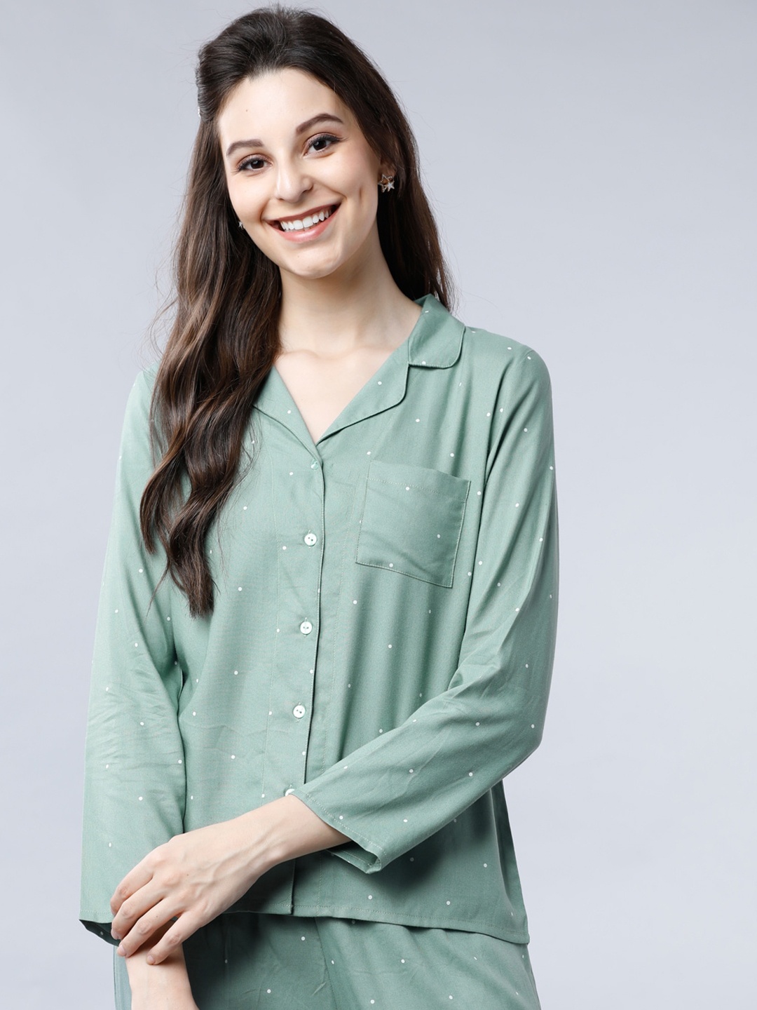 

Tokyo Talkies Women Teal Green & White Regular Fit Printed Sleep Shirt, Sea green