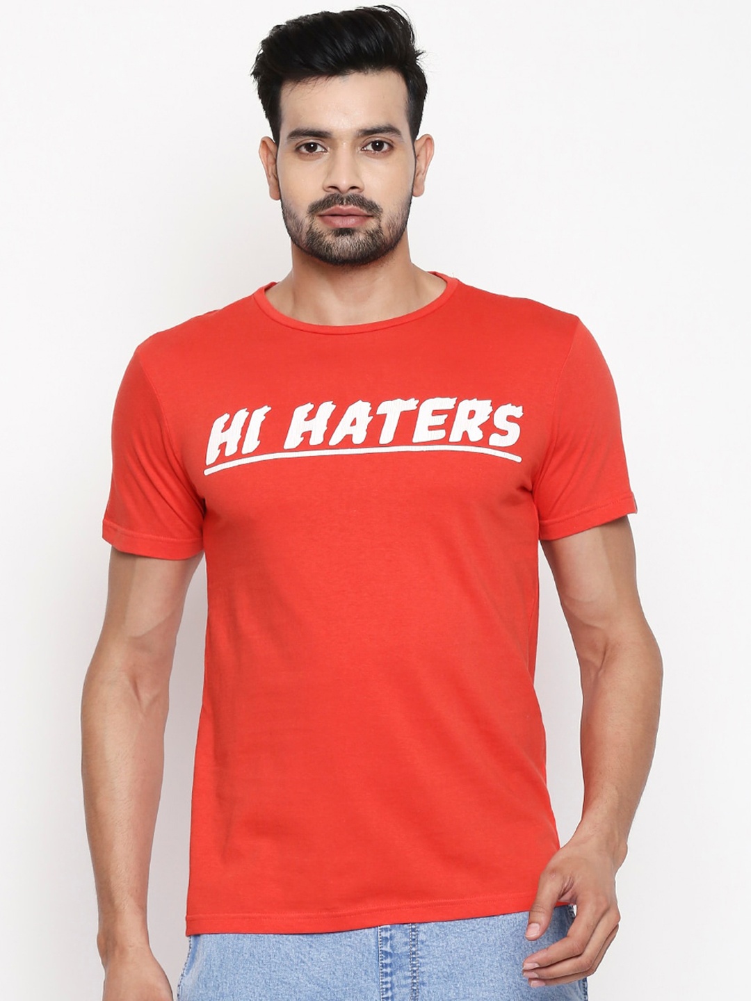 

People Men Red Printed Round Neck Cotton T-shirt