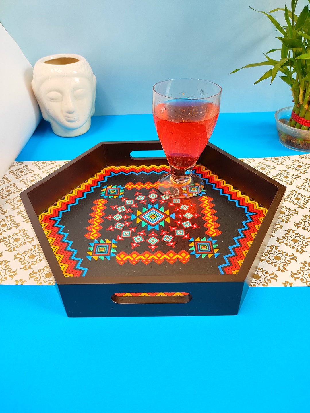 

CRAYTON Brown & Yellow Geometric Elegant Wood Small Hexagon Serving Tray