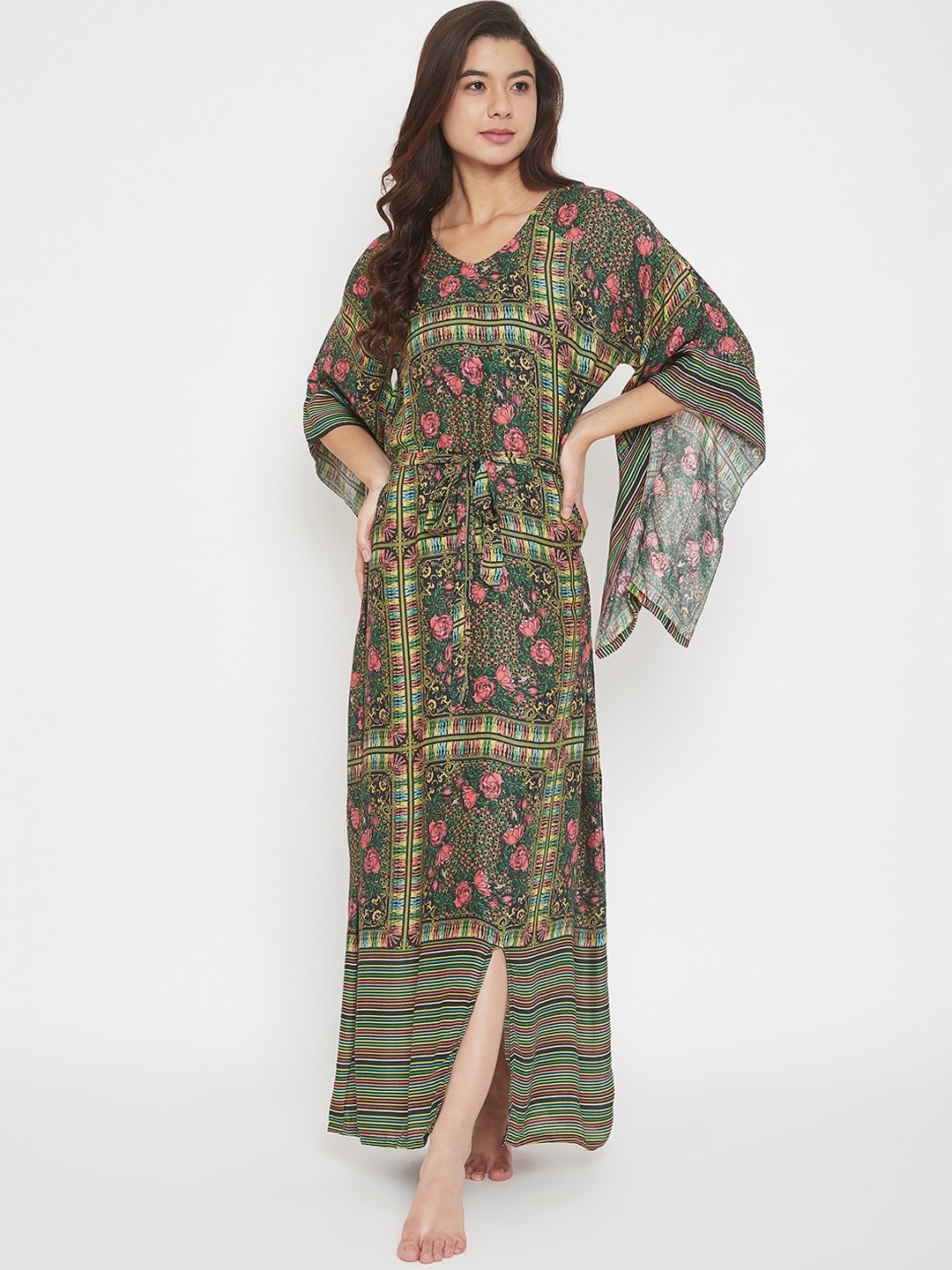 

The Kaftan Company Women Green & Red Floral Printed Kaftan Nightdress