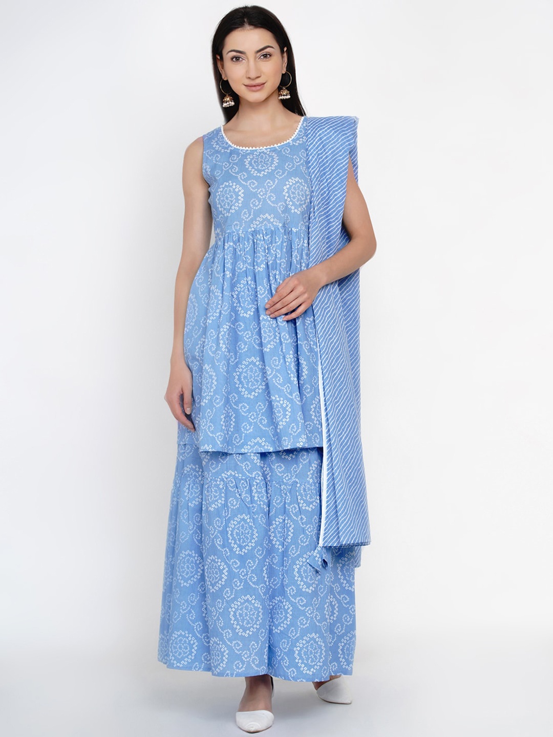 

Yuris Women Blue & White Printed Kurta with Sharara & Dupatta