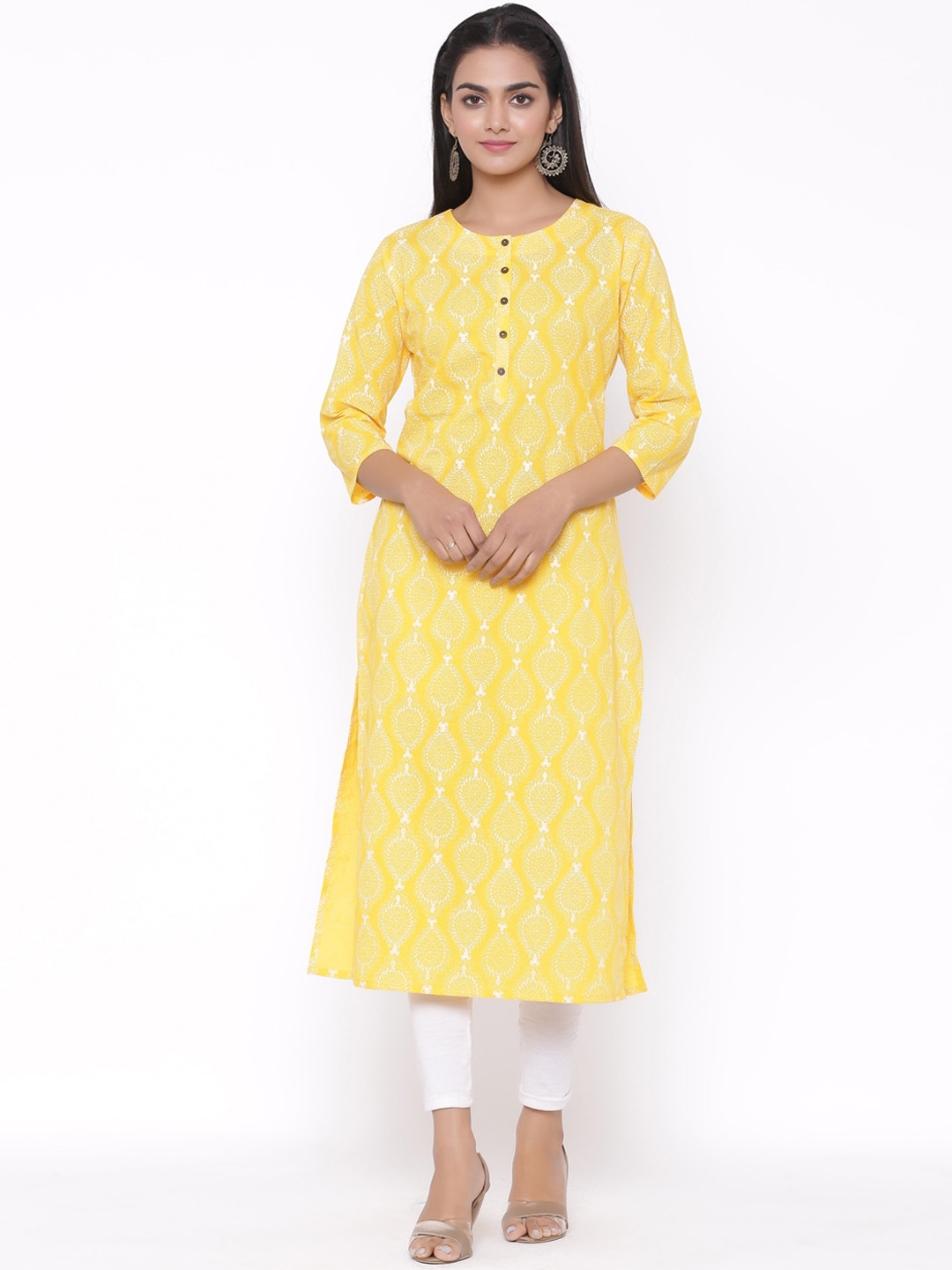 

fabGLOBAL Women Yellow Printed Straight Kurta