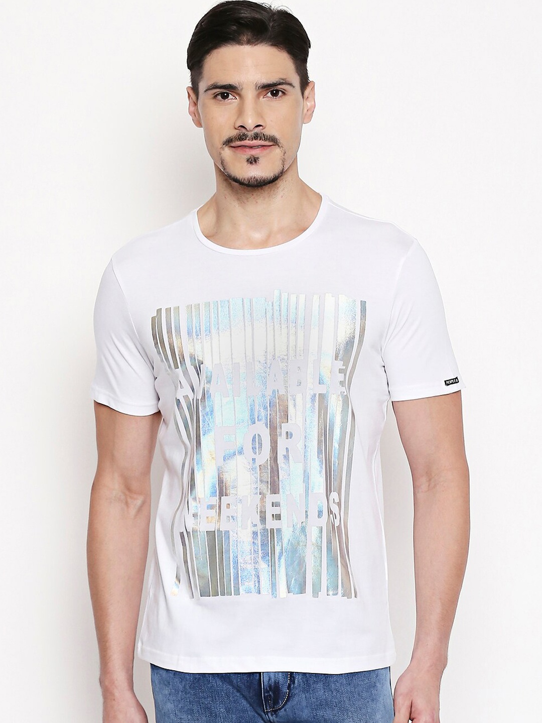 

People Men White Printed Round Neck T-shirt