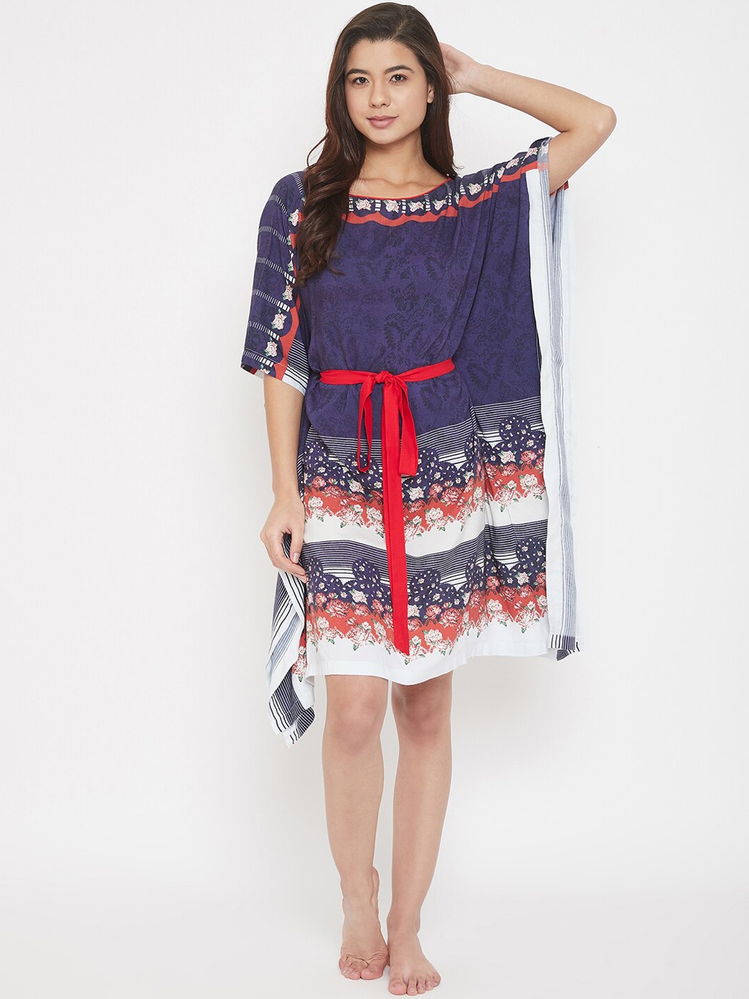 

The Kaftan Company Women Navy Blue & Red Floral Printed Kaftan Style Nightdress
