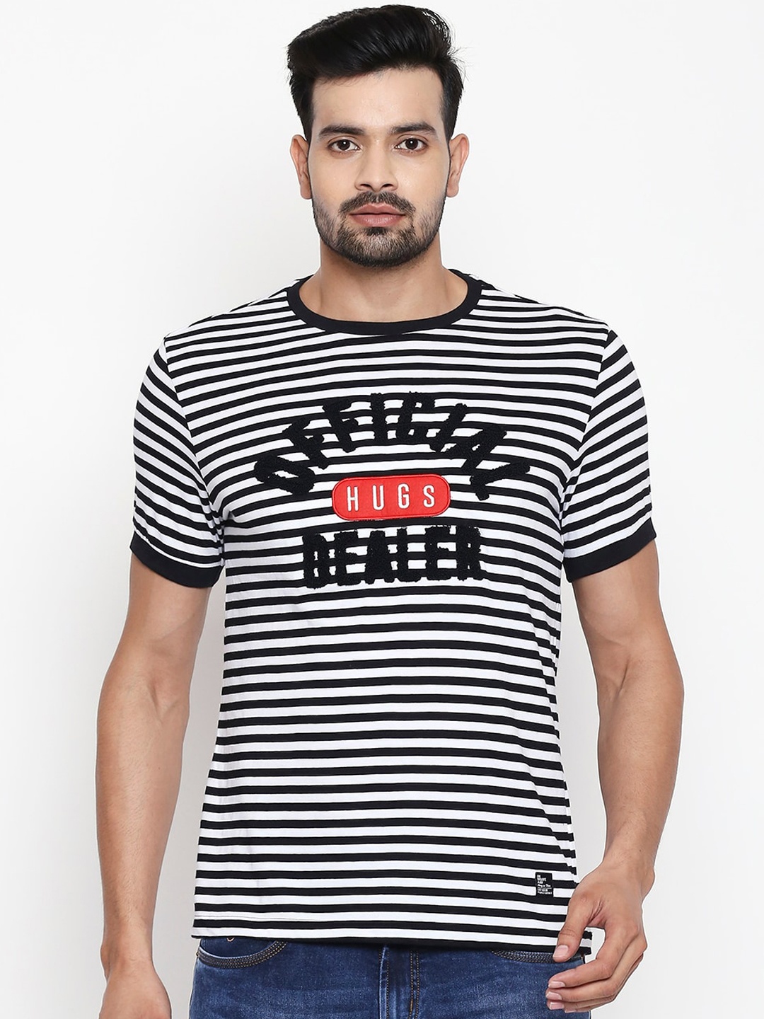 

People Men Black White Striped Cotton Round Neck Pure Cotton T-shirt