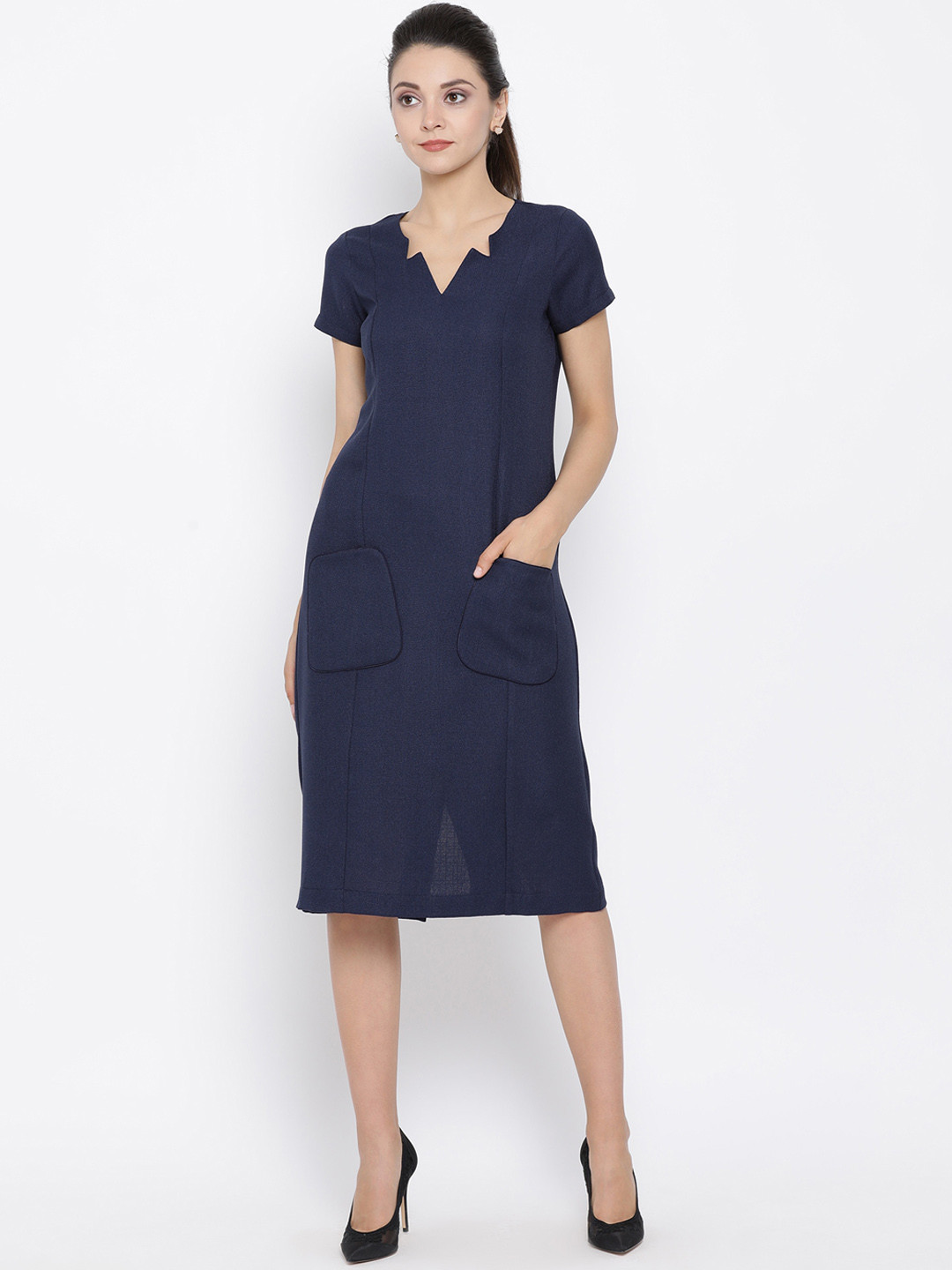 

OFFICE & YOU Women Navy Blue Solid Sheath Dress