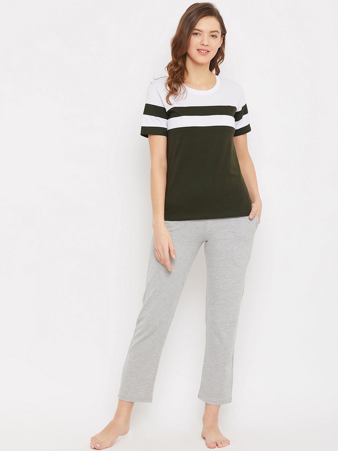 

Clovia Women Green & Grey Striped Night suit