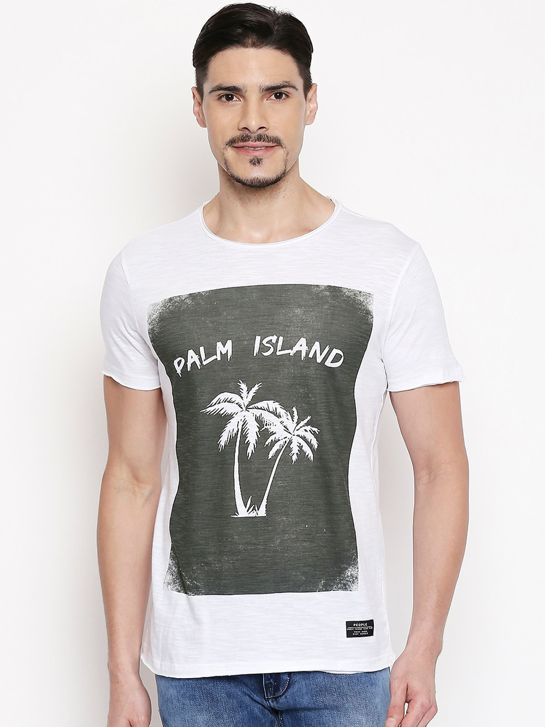 

People Men White Printed Round Neck T-shirt