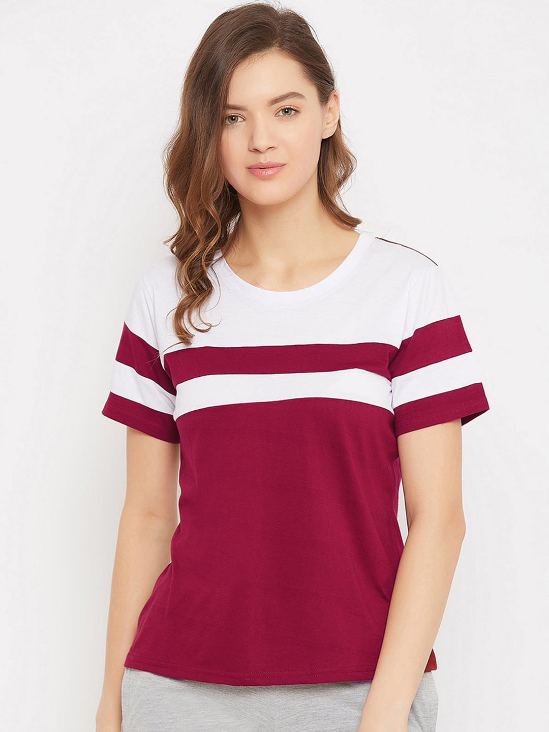 

Clovia Women White & Red Striped Lounge T-shirt