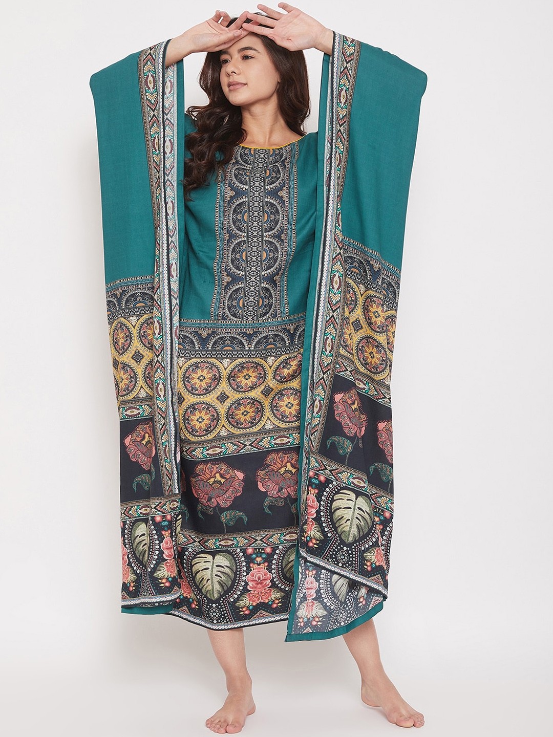 The Kaftan Company Women Teal Green & Yellow Floral Printed Kaftan Nightdress