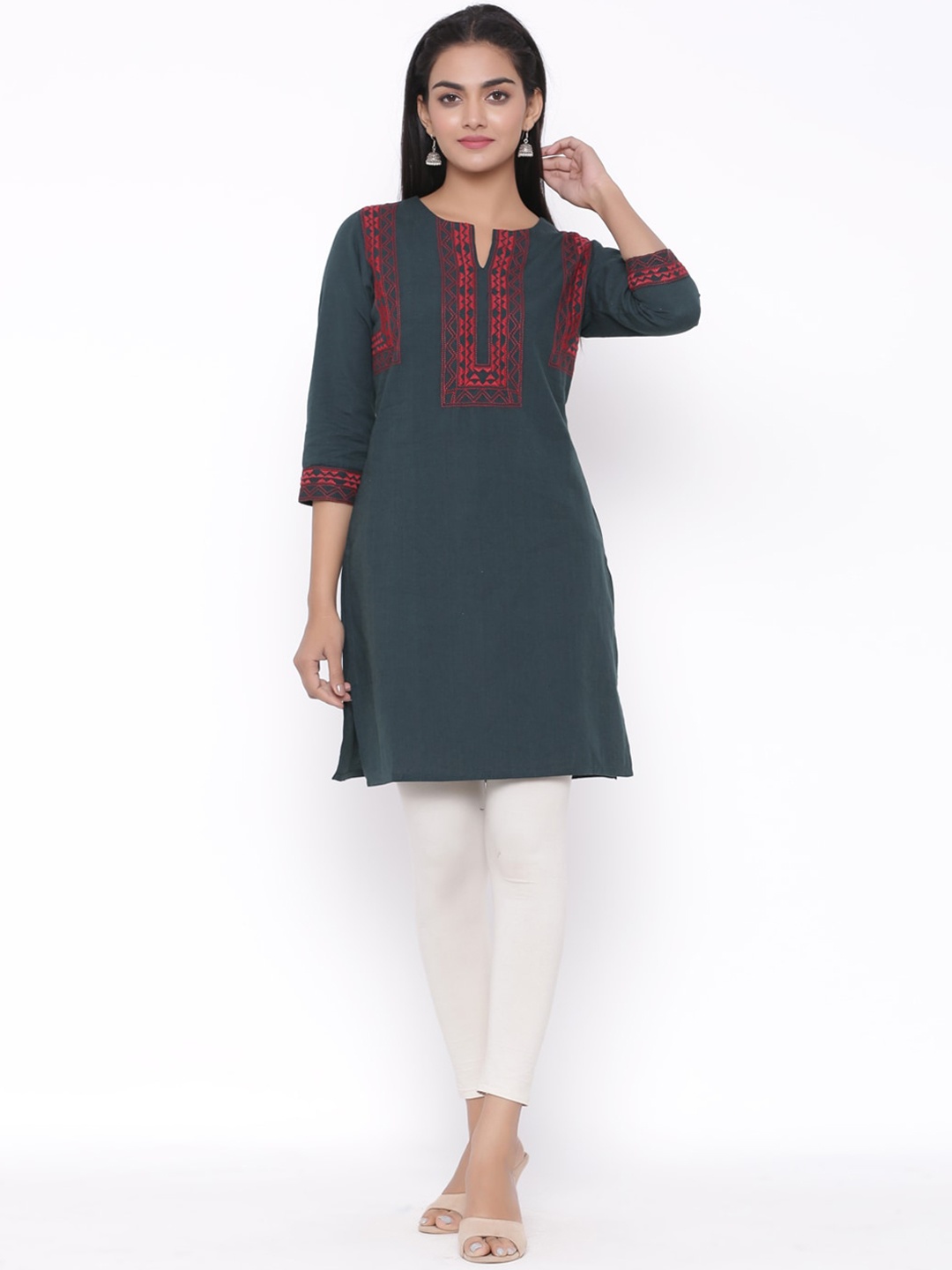 

fabGLOBAL Women Olive Green & Red Yoke Design Straight Kurta