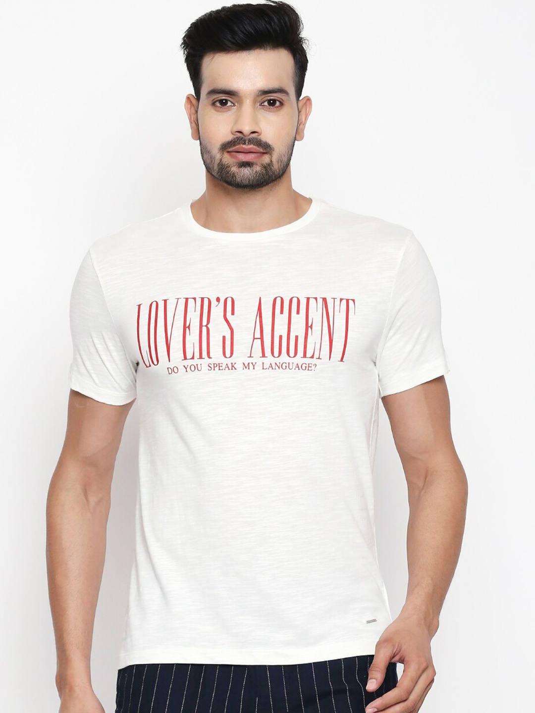 

People Men Off-White Printed Cotton Round Neck Pure Cotton T-shirt