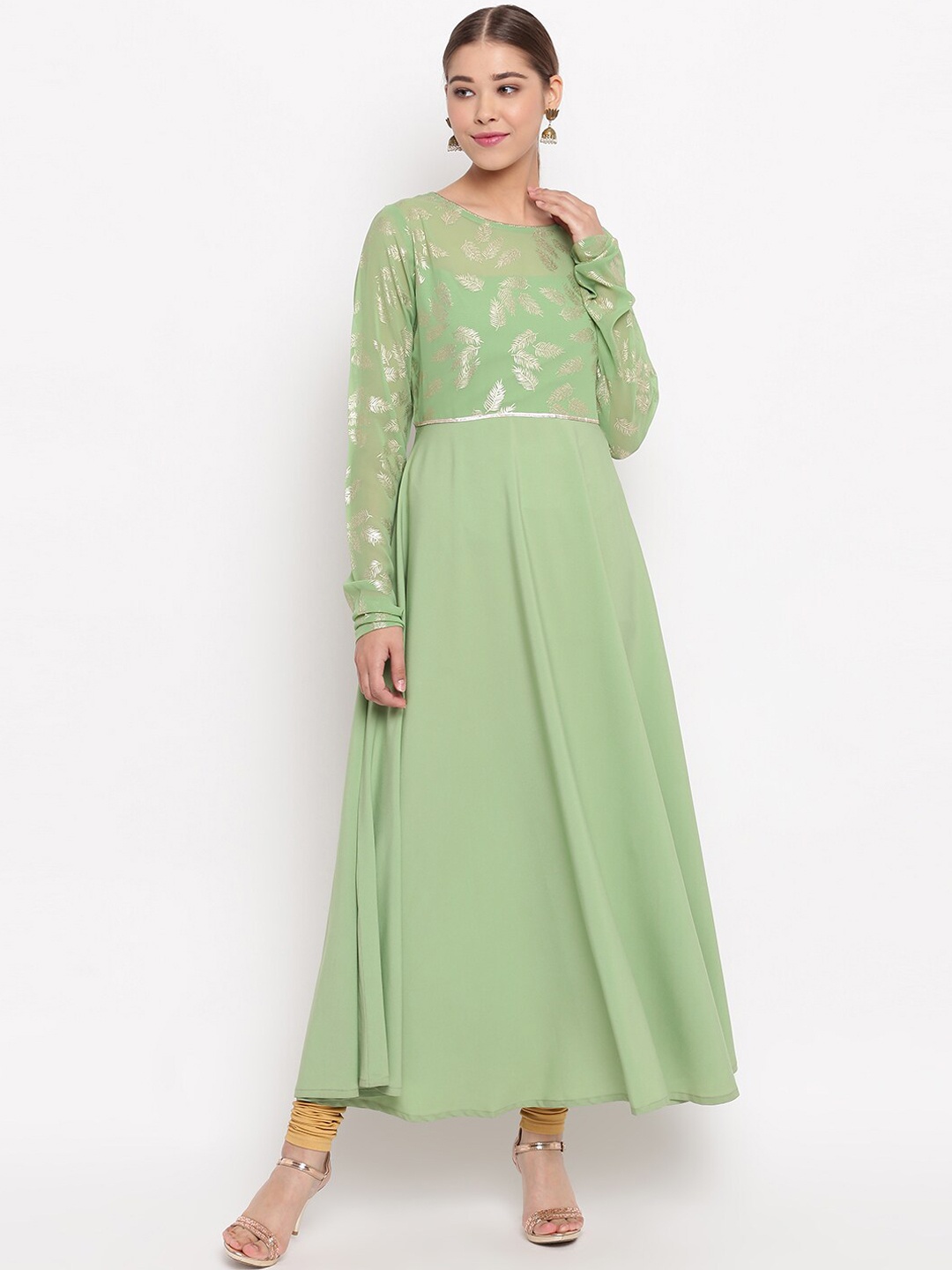 

Janasya Women Green Printed Anarkali Kurta