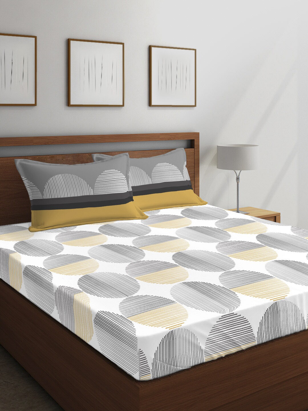 

Layers Grey & Yellow Geometric Printed 144 TC Cotton Double Queen Bedsheet With 2 Pillow Covers