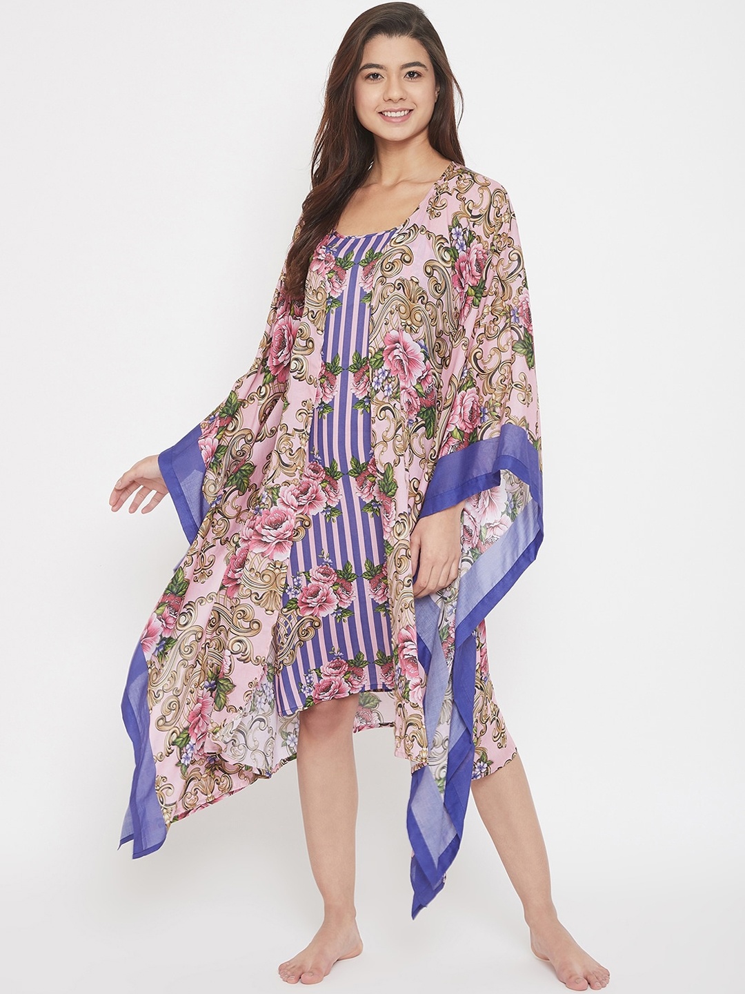 

The Kaftan Company Women Blue & Pink Printed Nightdress