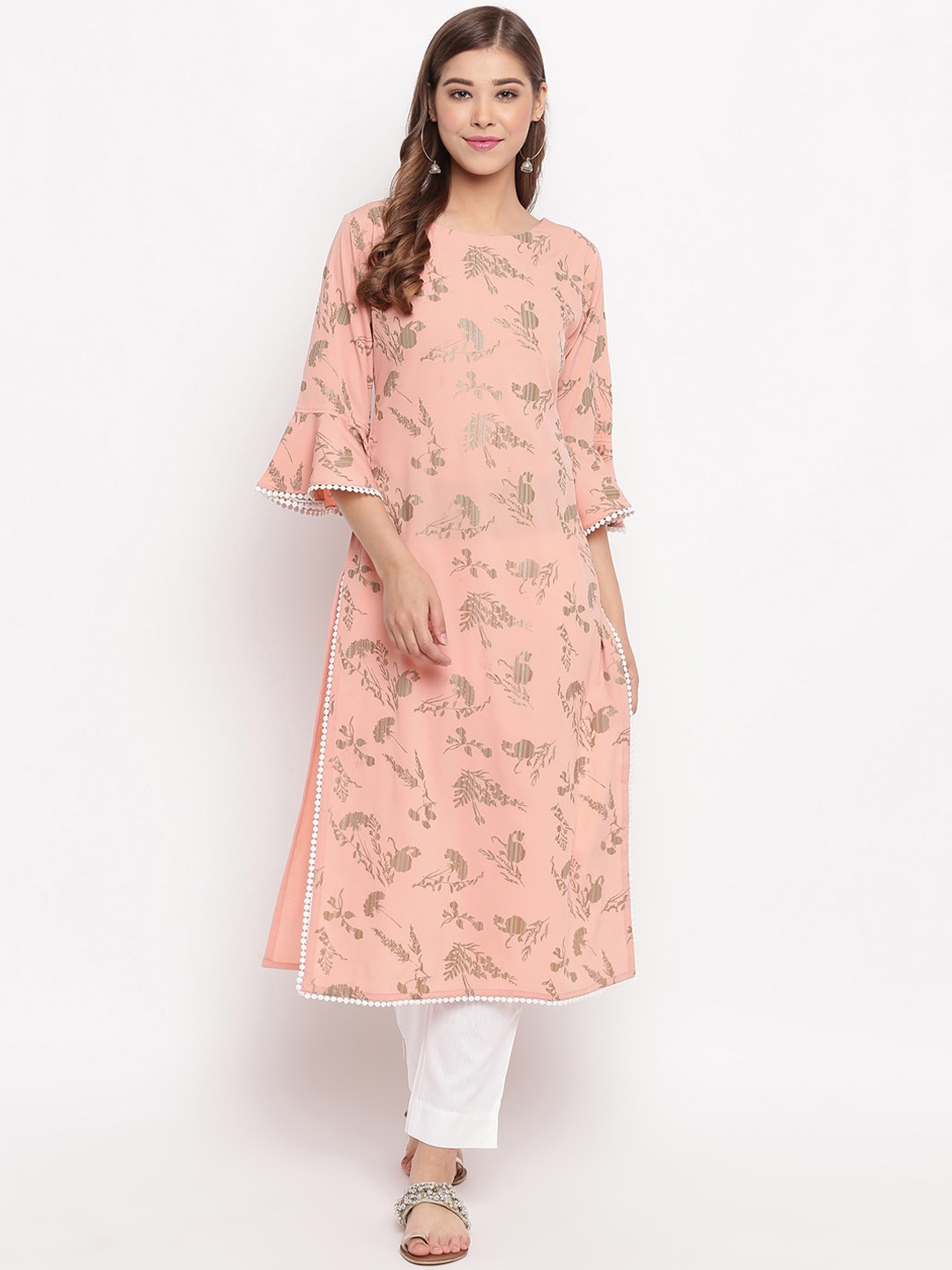 

Janasya Women Peach Floral Printed Straight Kurta
