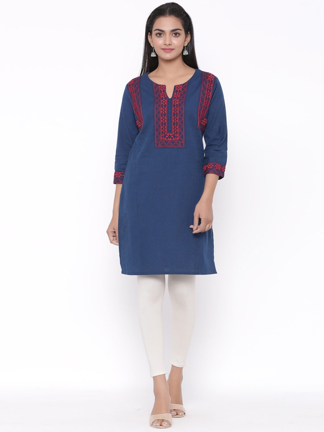 

fabGLOBAL Women Blue Yoke Design Straight Kurta