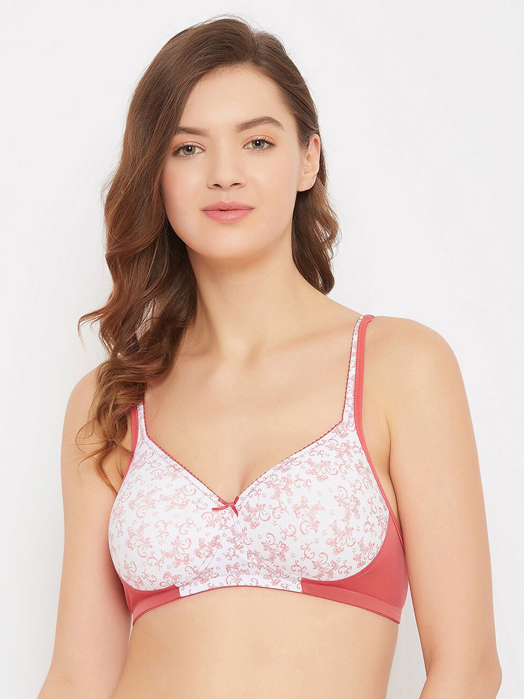 

Clovia Women White & Pink Printed Non-Wired Lightly-Padded T-Shirt Bra BR1386V18