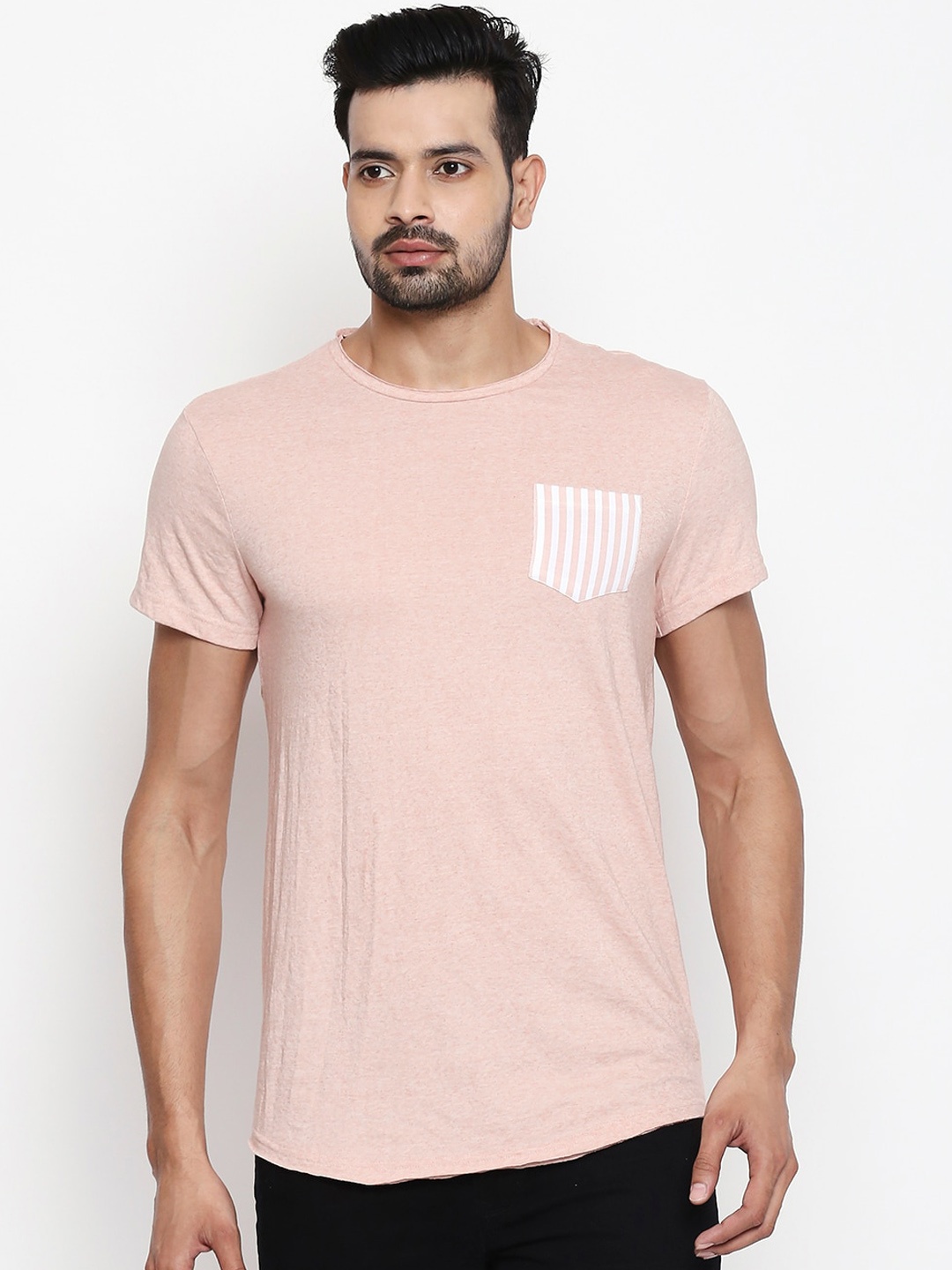 

People Men Pink Solid Round Neck Cotton T-shirt