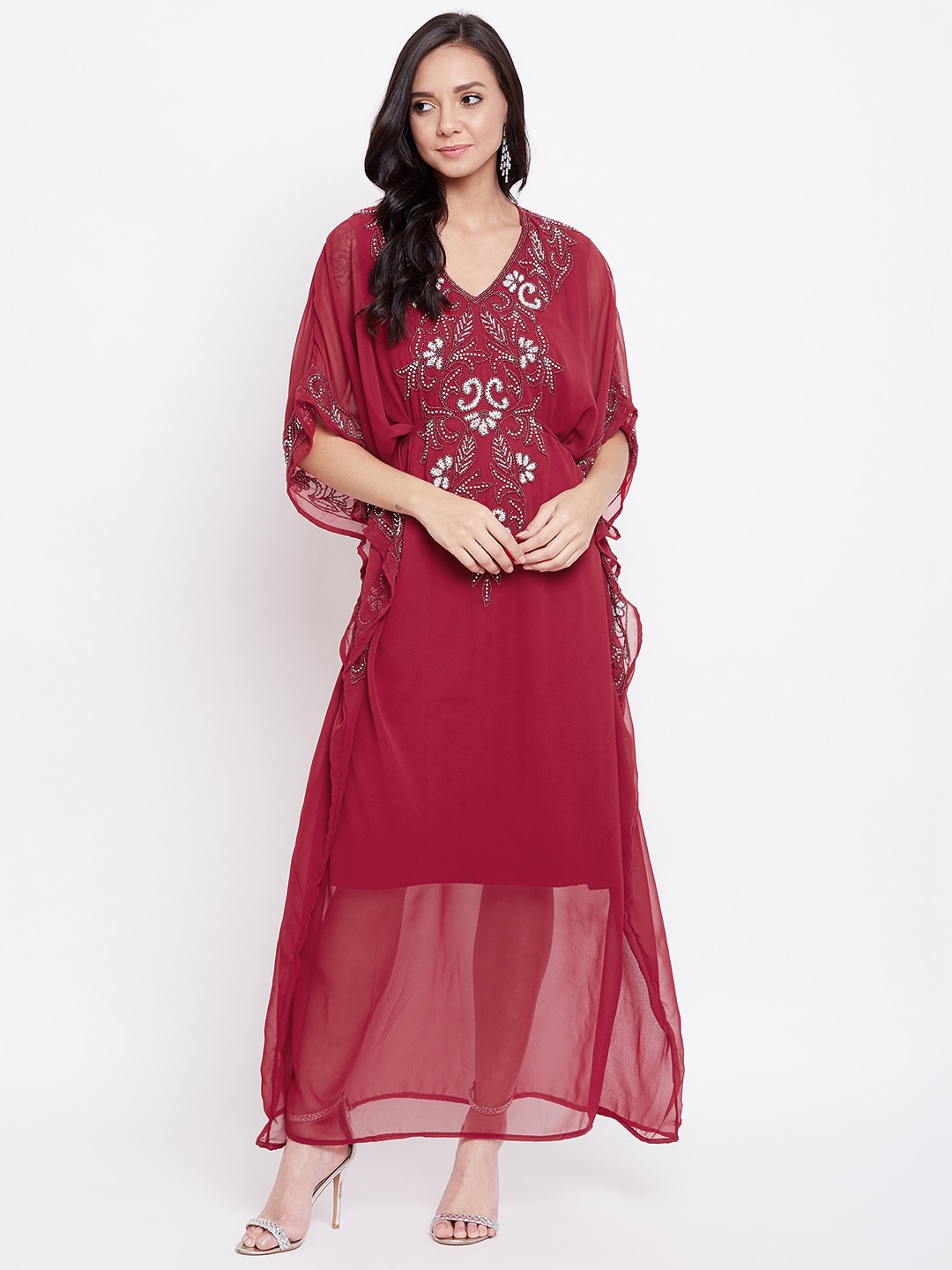 

LE BOURGEOIS Women Maroon Embellished Maxi Dress