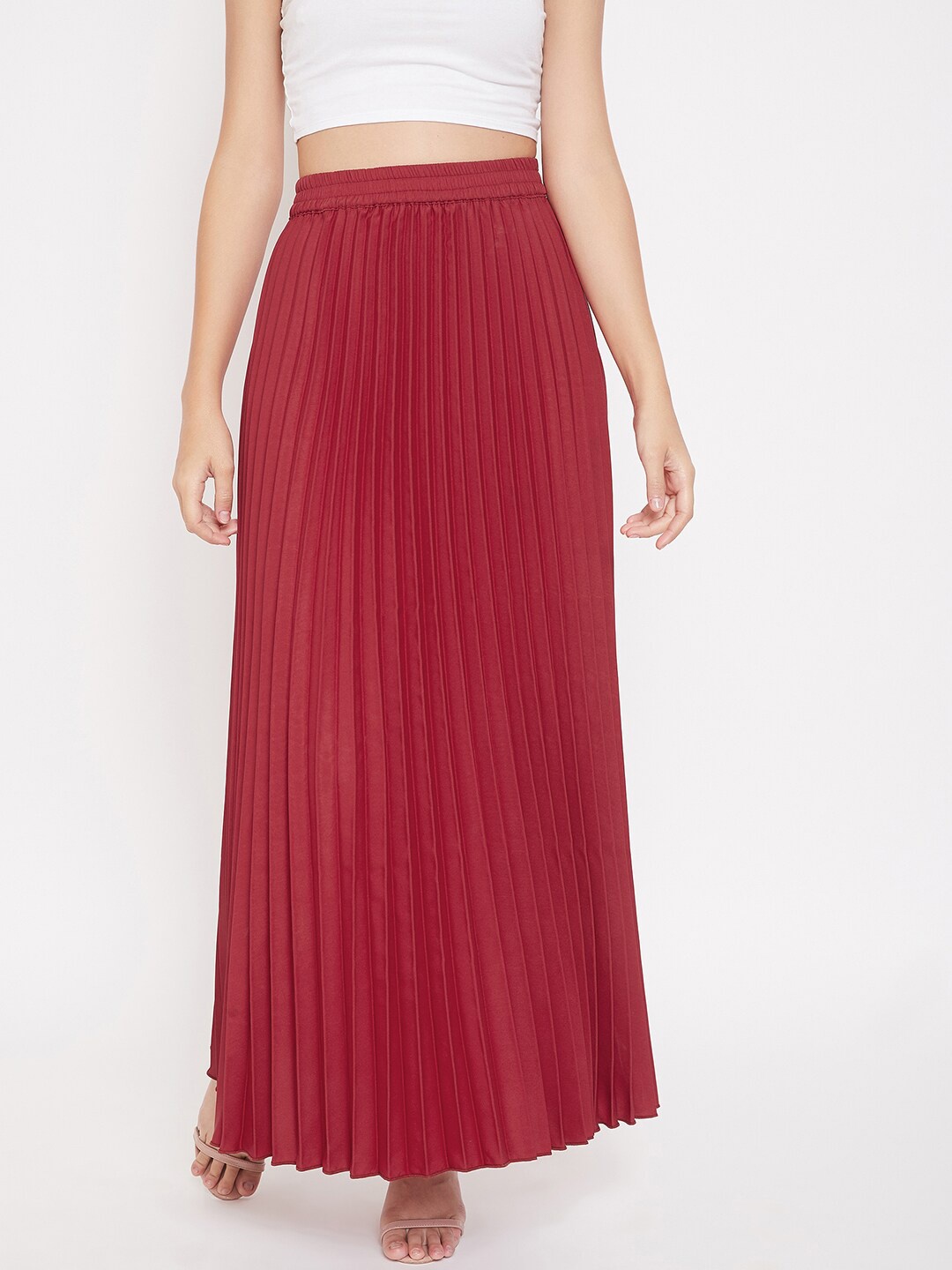 U&F Women Maroon Accordion Pleat Maxi Flared Skirt