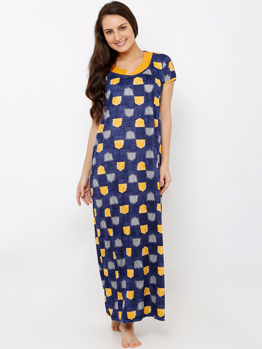 

Pretty Awesome Women Navy Blue & Yellow Printed Maxi Length Night Dress