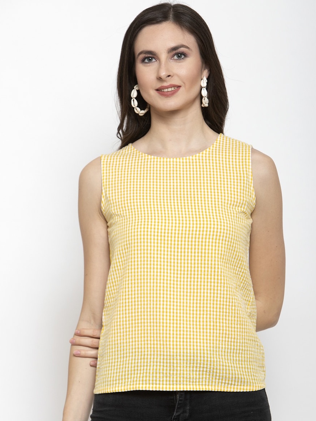 

Purple State Women Yellow Checked Pure Cotton Top