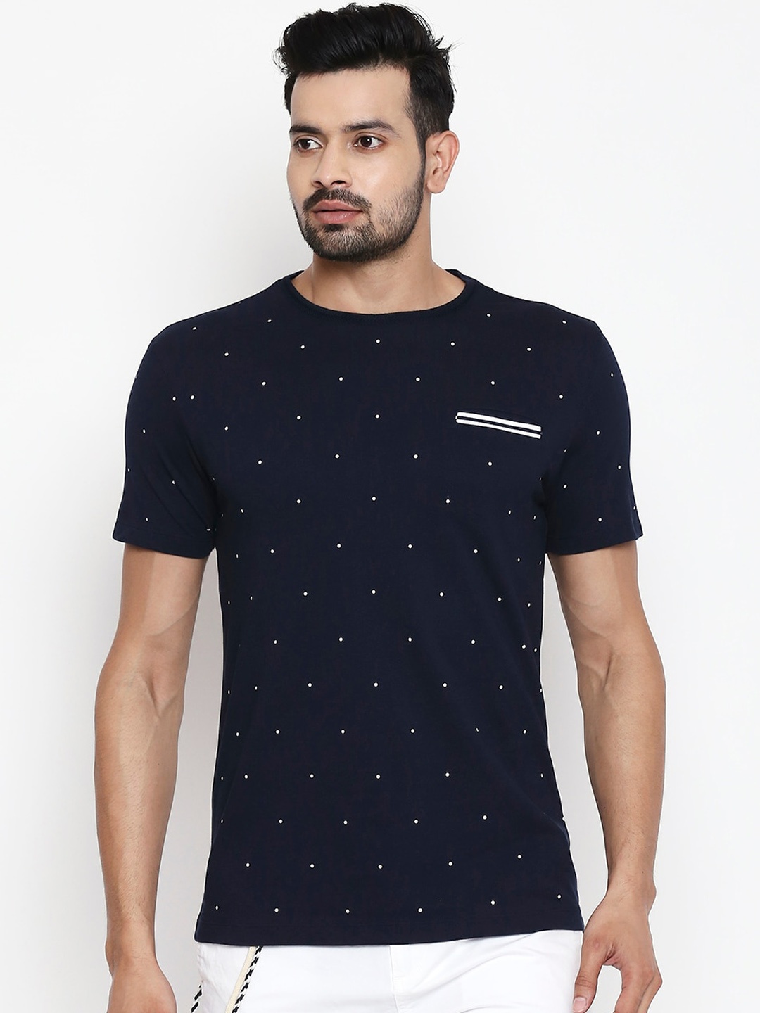 

People Men Navy Blue Printed Round Neck T-shirt