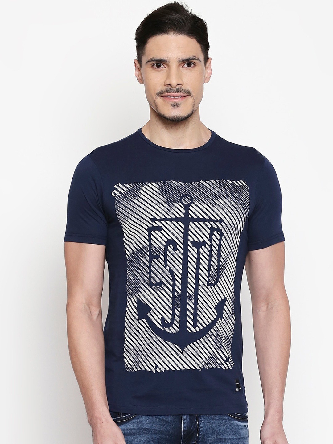 

People Men Navy Blue Printed Round Neck Cotton T-shirt