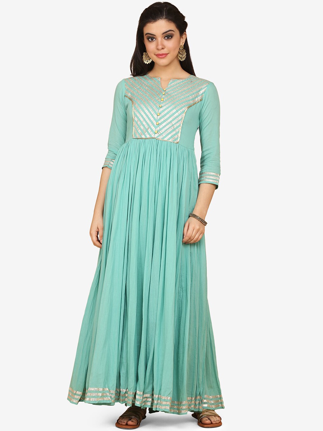 

Saanjh Women Sea Green Striped Anarkali Kurta