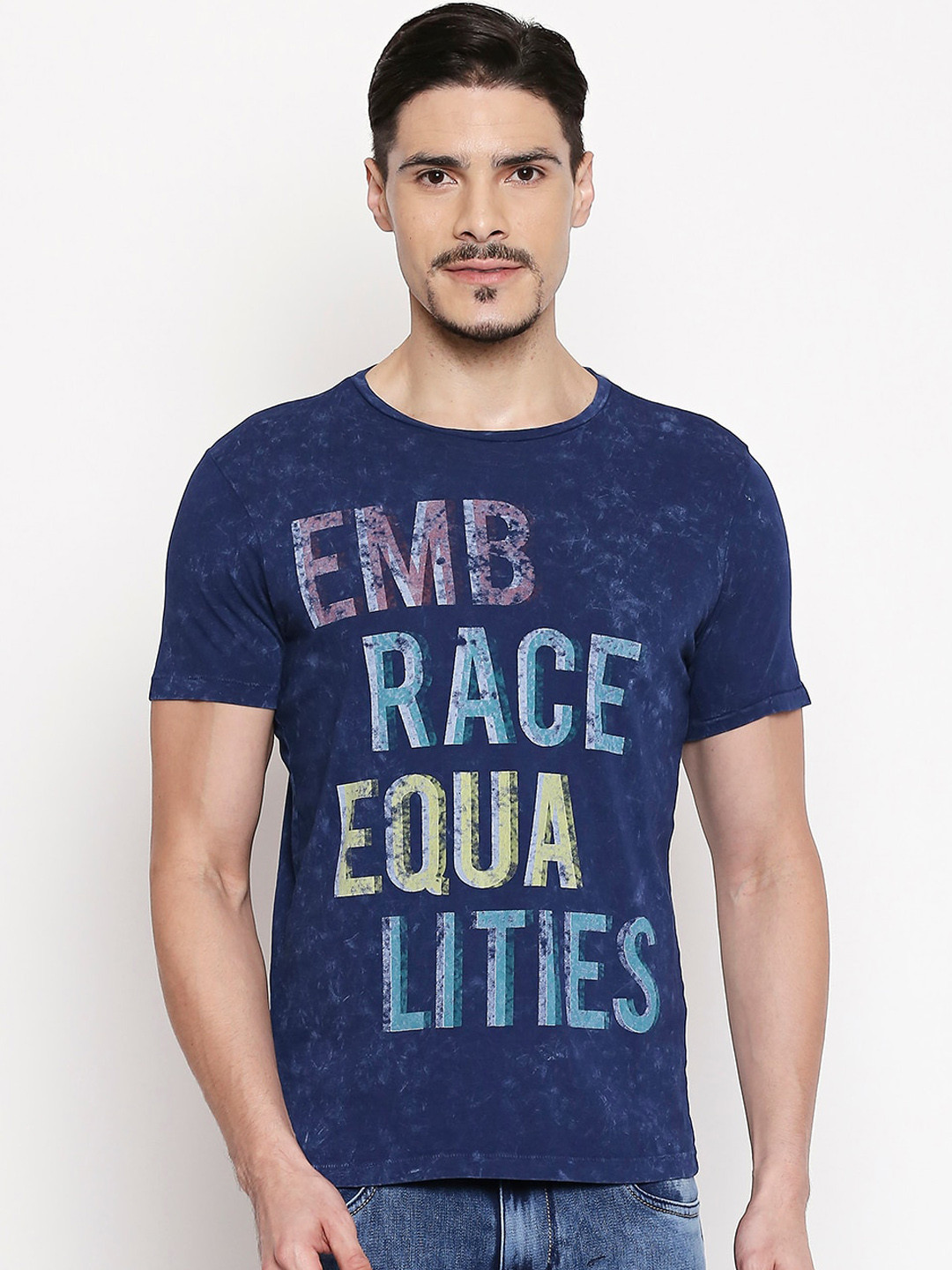 

People Men Blue Printed Round Neck Cotton T-shirt