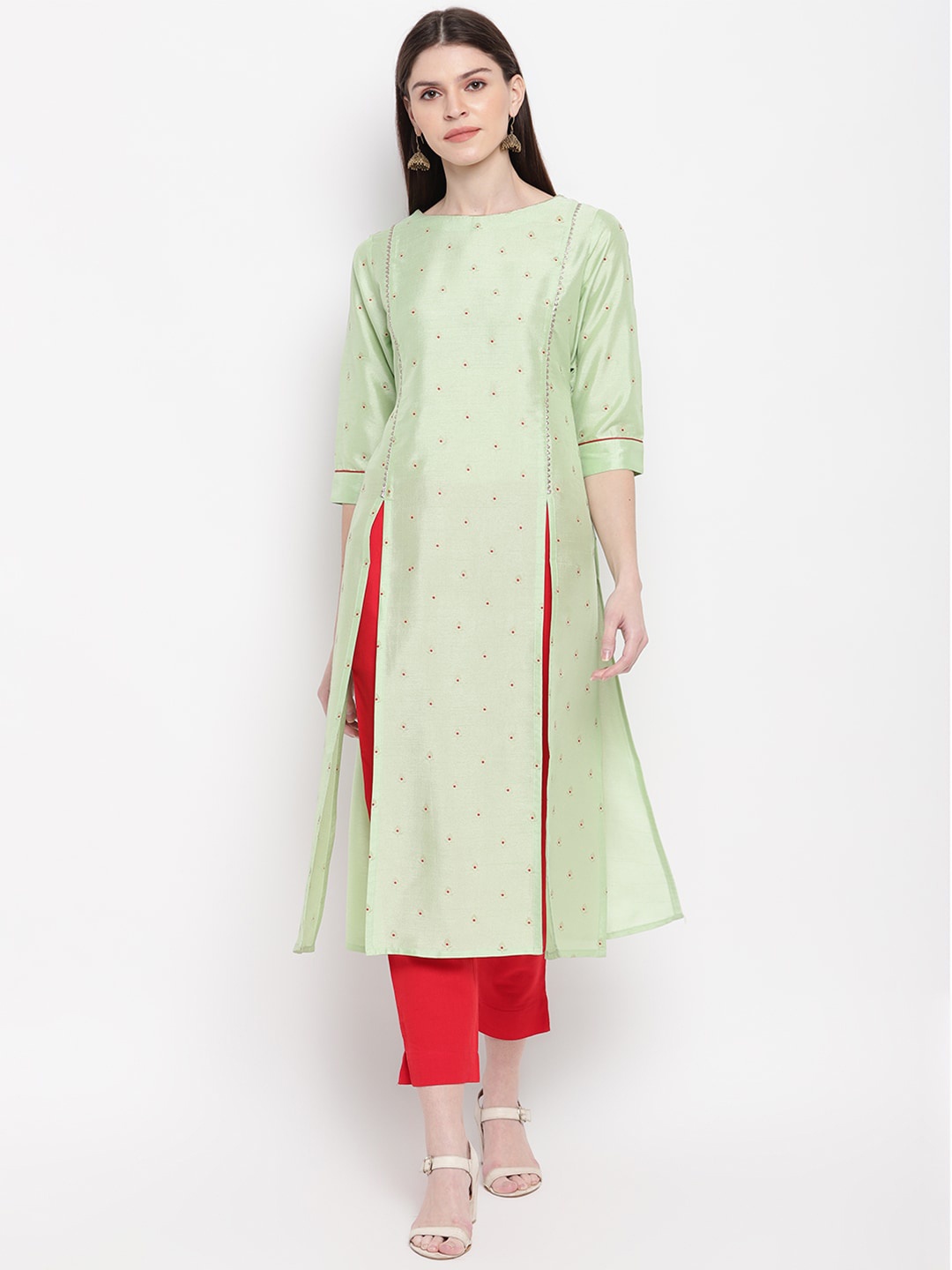 

Janasya Women Green Printed A-Line Kurta