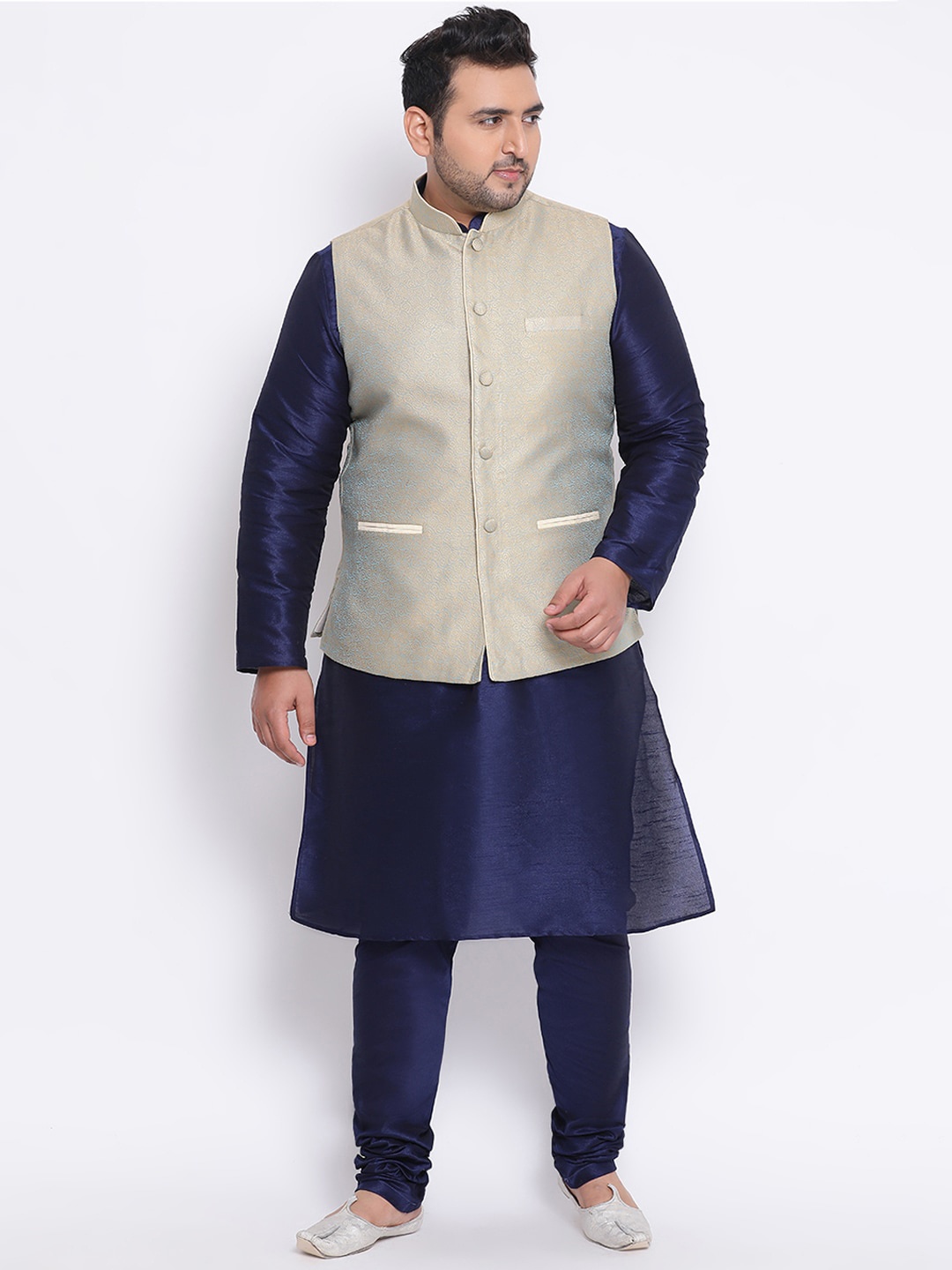 KISAH PLUS Men Navy Blue & Beige Solid Kurta with Churidar & Nehru Jacket