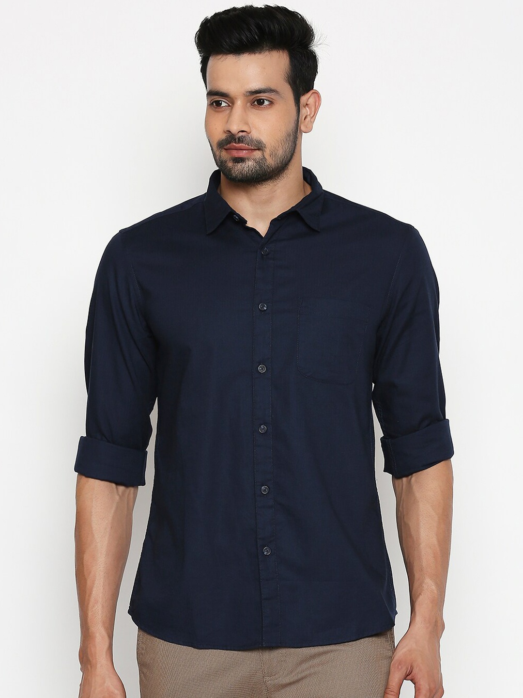 

BYFORD by Pantaloons Men Navy Blue Slim Fit Solid Casual Shirt