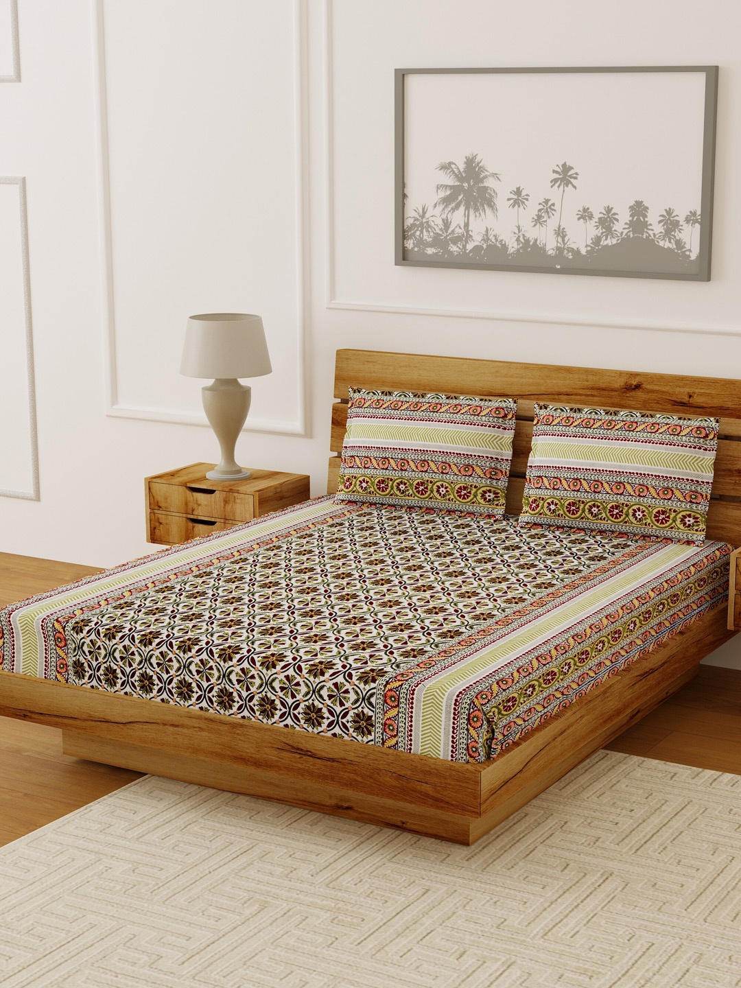 

LIVING ROOTS Off-White & Red Jaipuri Rajasthani Floral 144 TC Cotton 1 King Bedsheet With 2 Pillow Covers