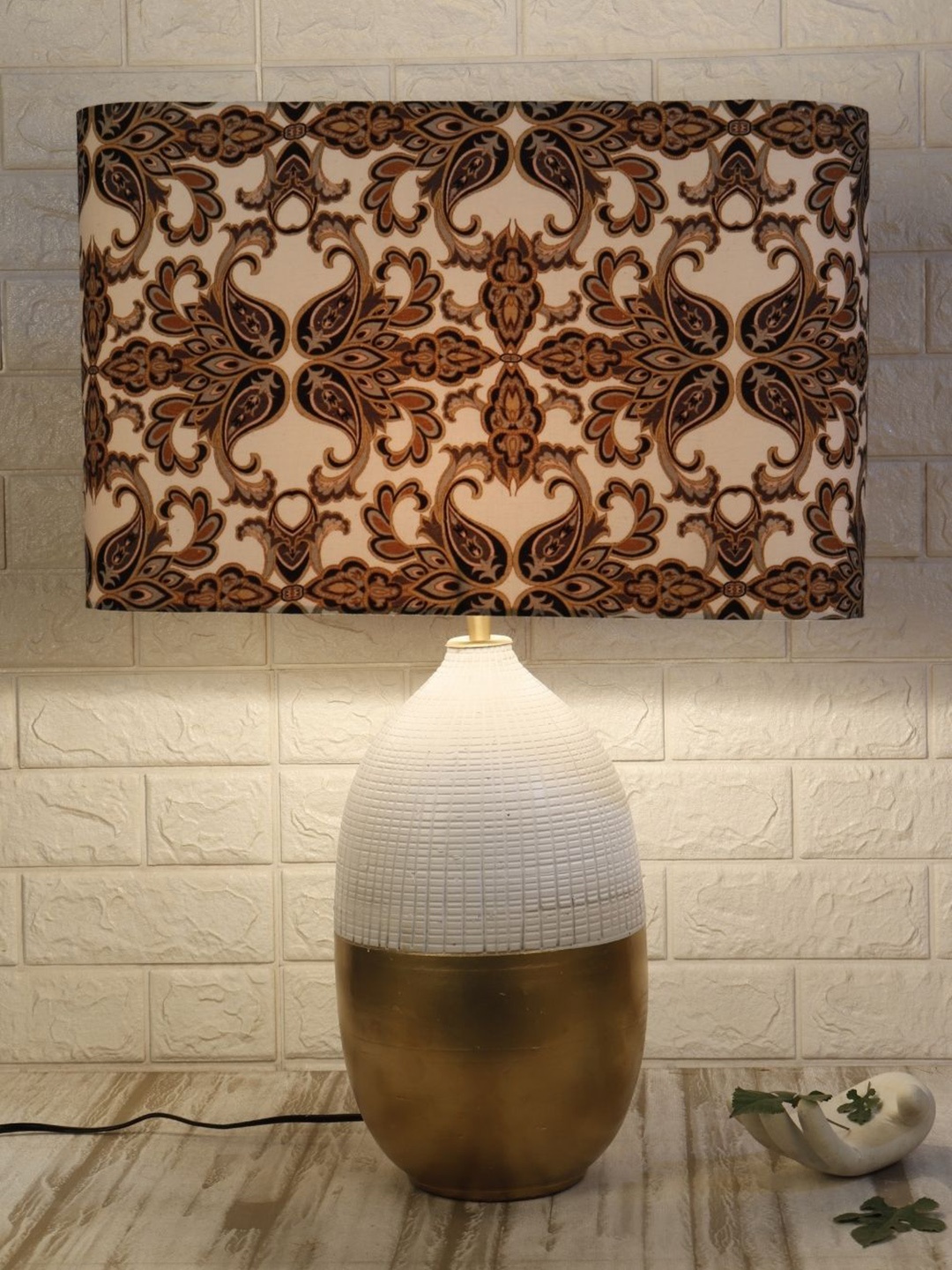 Grated Ginger White & Black Ethnic Motif Printed Contemporary Rectangle Lampshade