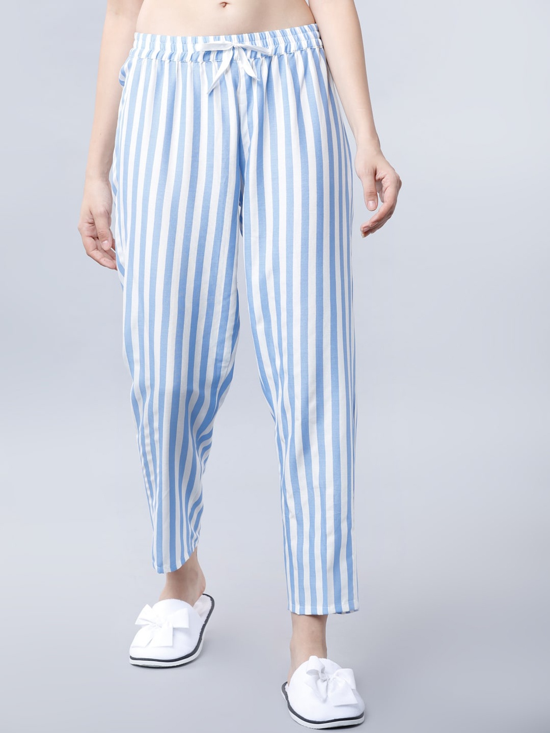 

Tokyo Talkies Women White & Blue Striped Lounge Pants