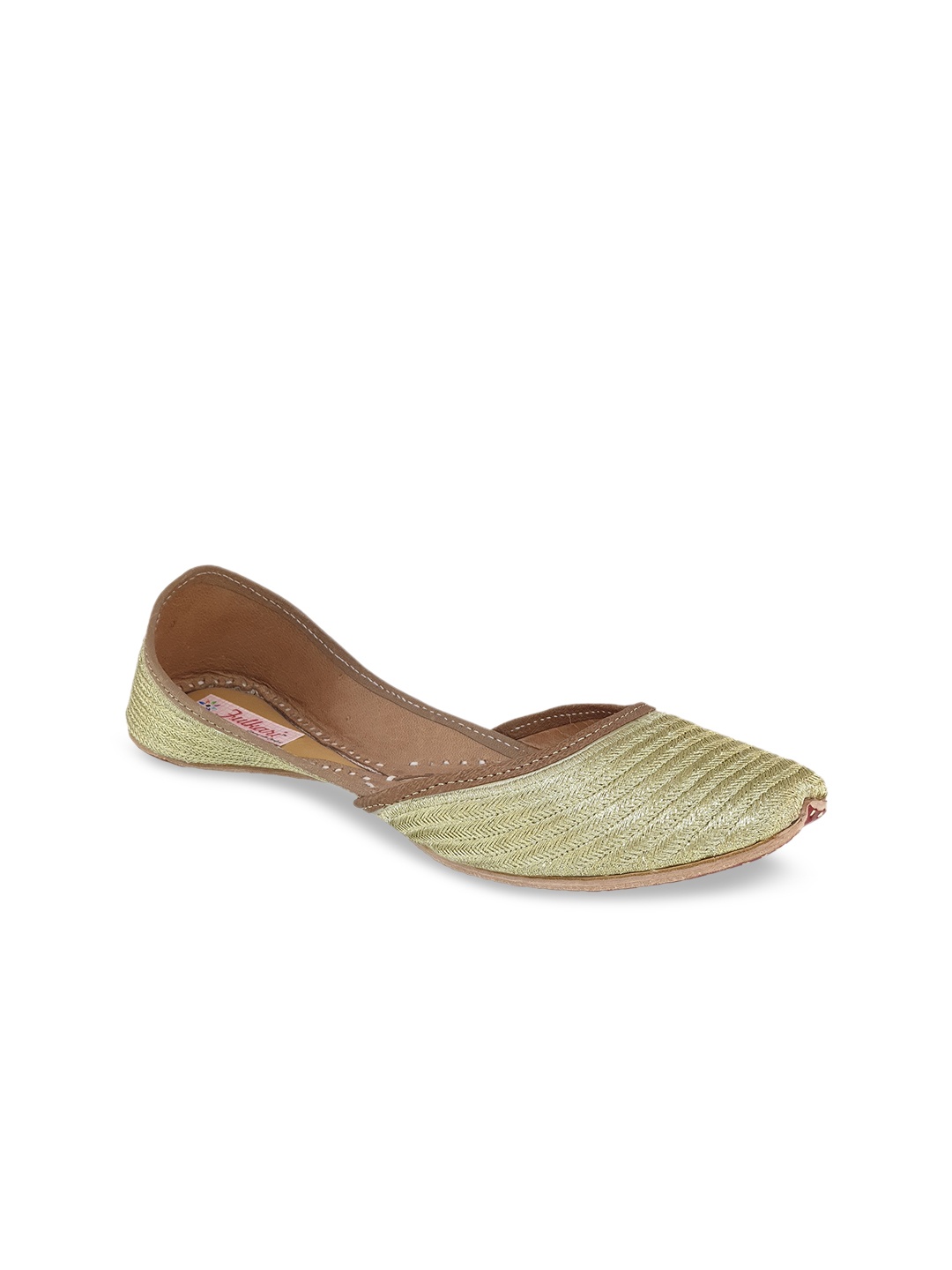 Fulkari Women Gold-Toned Woven Design Leather Mojaris