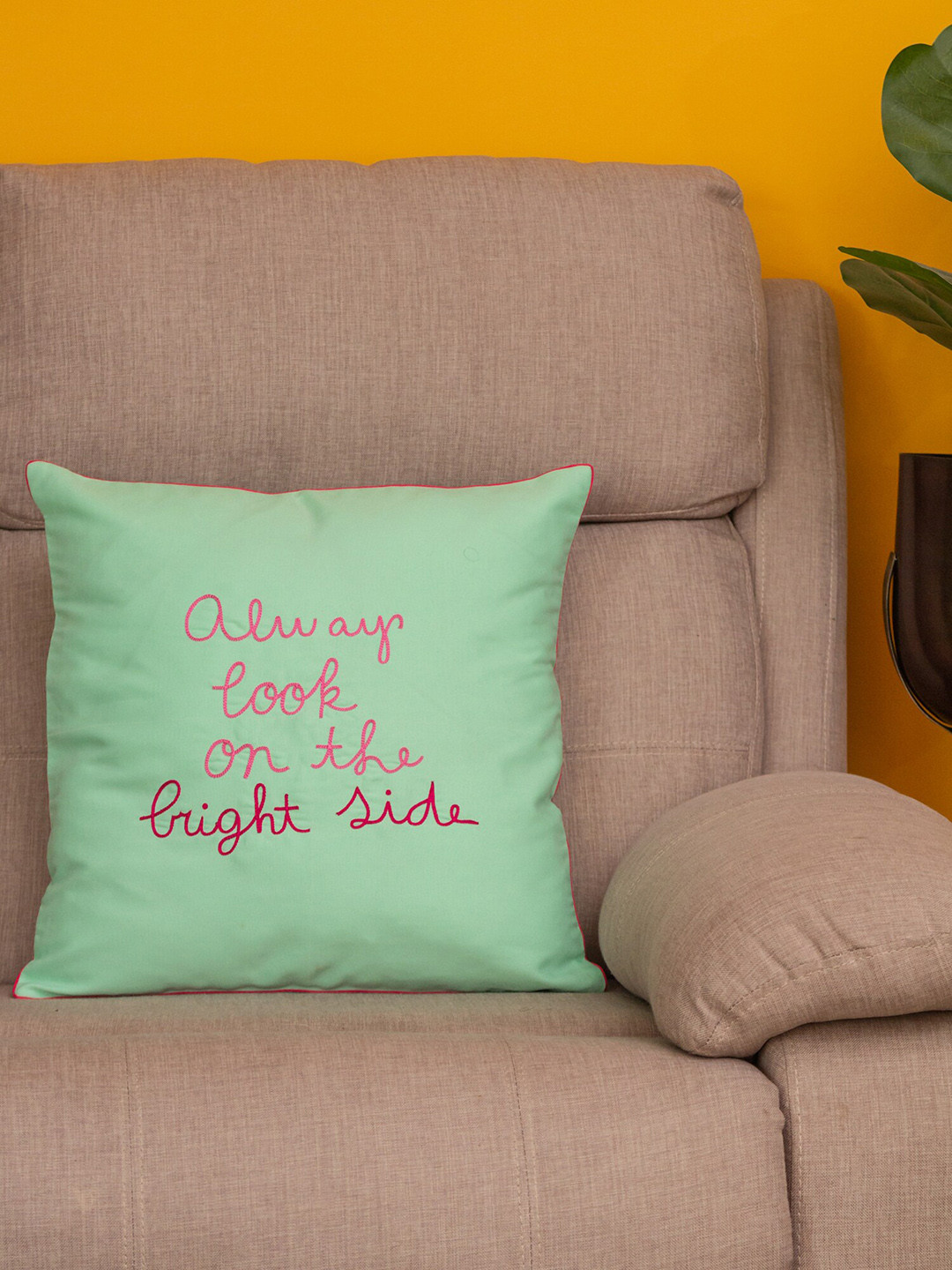 

BandBox Green & Pink Embroidered Square Cushion Cover