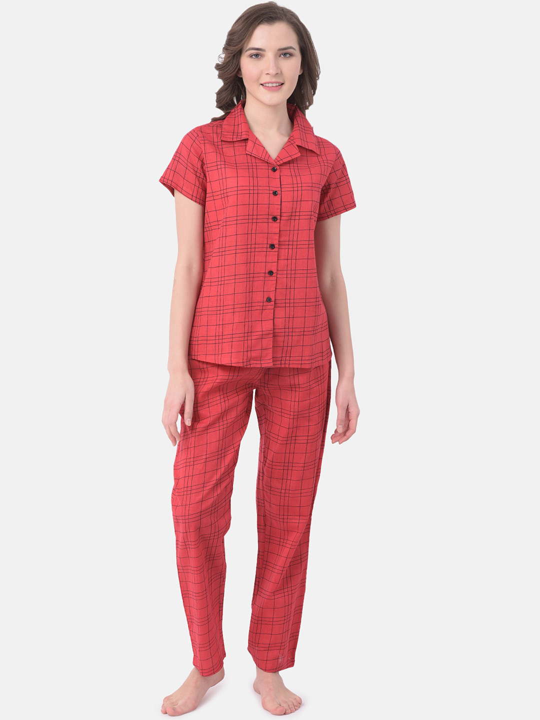 

Clovia Women Red & Black Checked Night suit