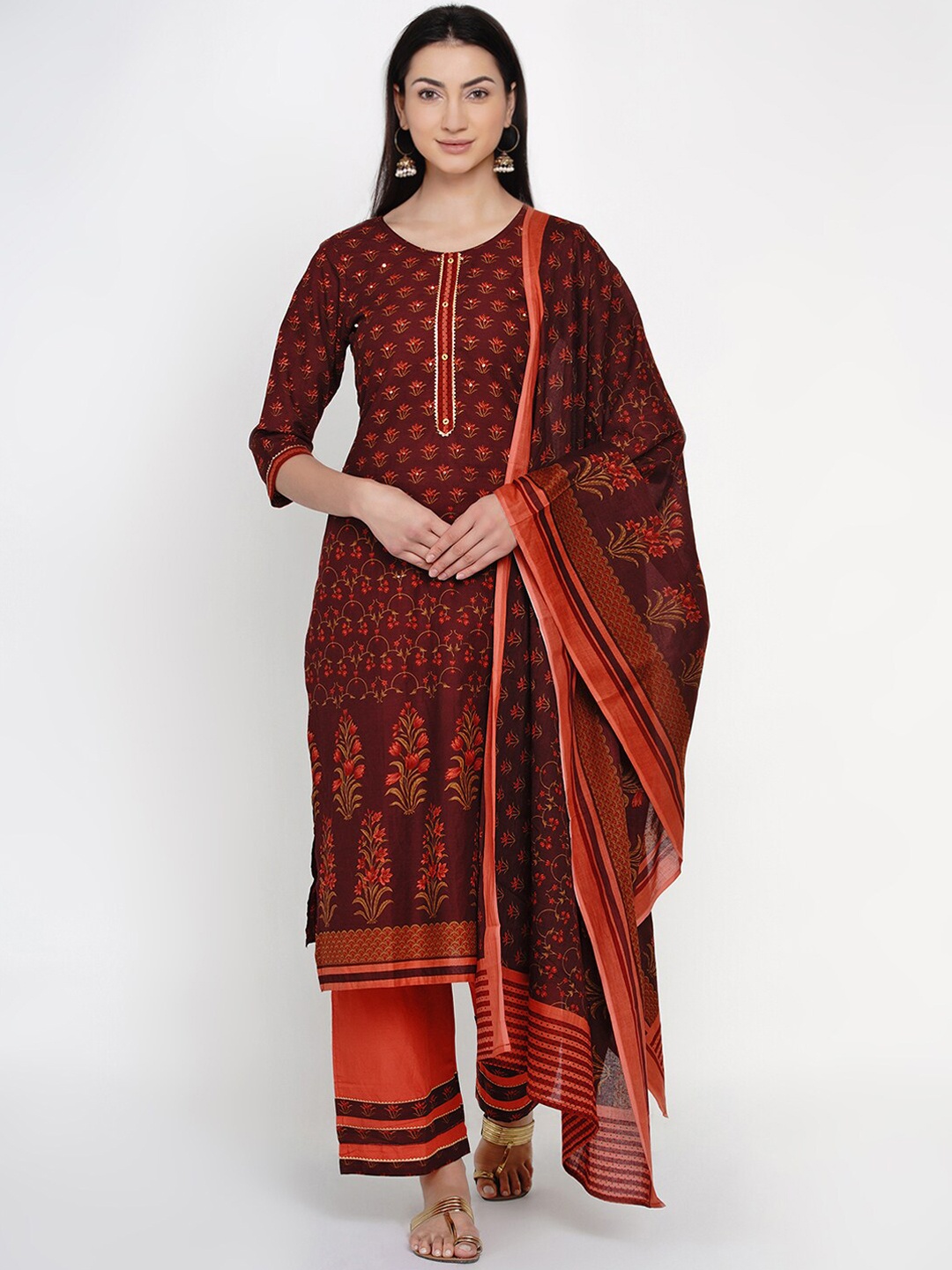 

Yuris Women Burgundy & Orange Printed Kurta with Palazzos & Dupatta