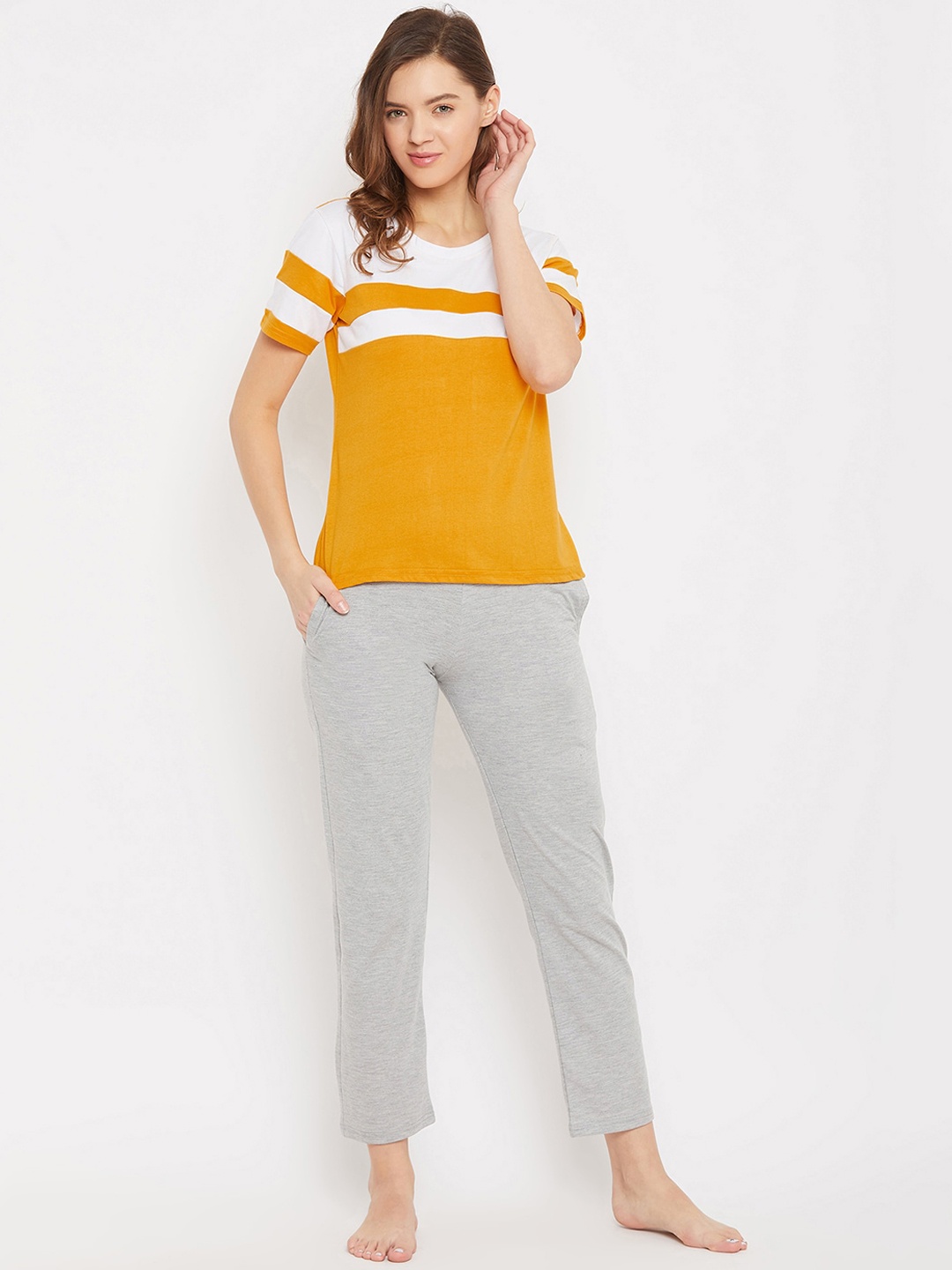 

Clovia Women Yellow & Grey Striped Night suit