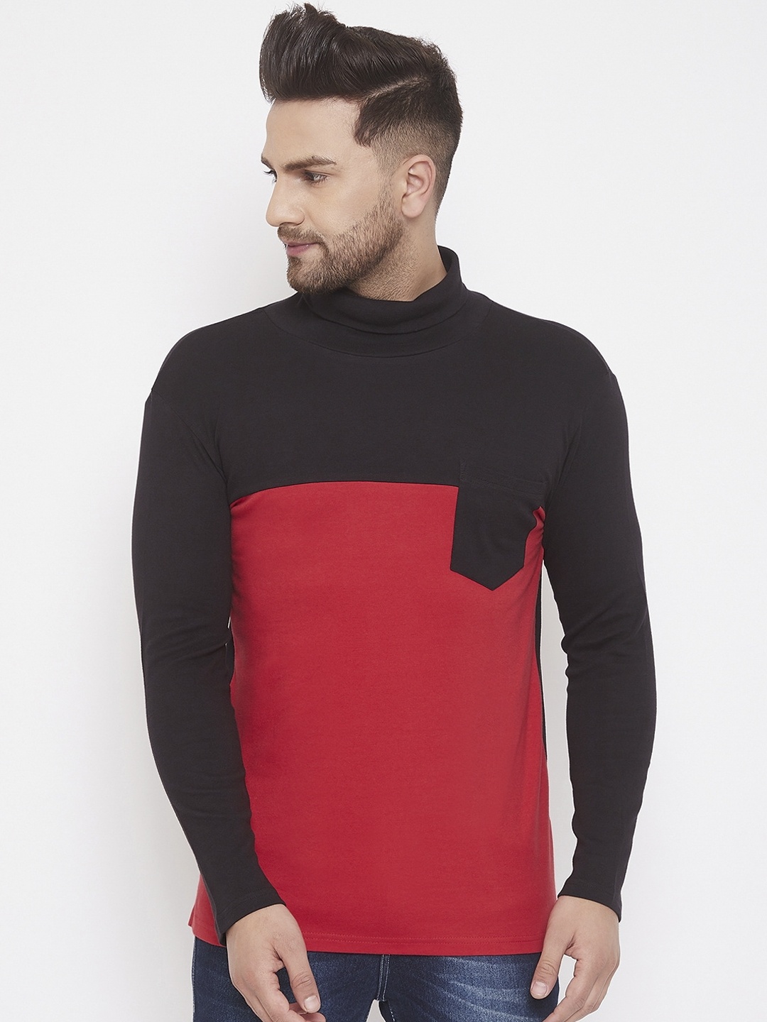 

Hypernation Men Black Colourblocked High Neck T-shirt