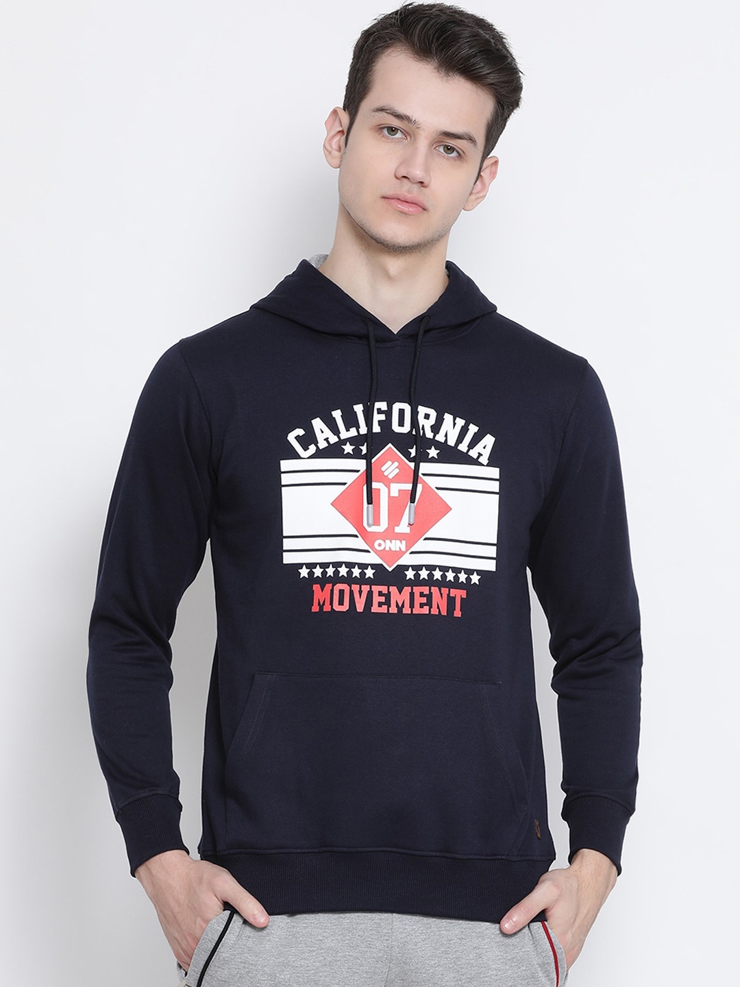 

ONN Men Navy Blue Printed Hooded Sweatshirt