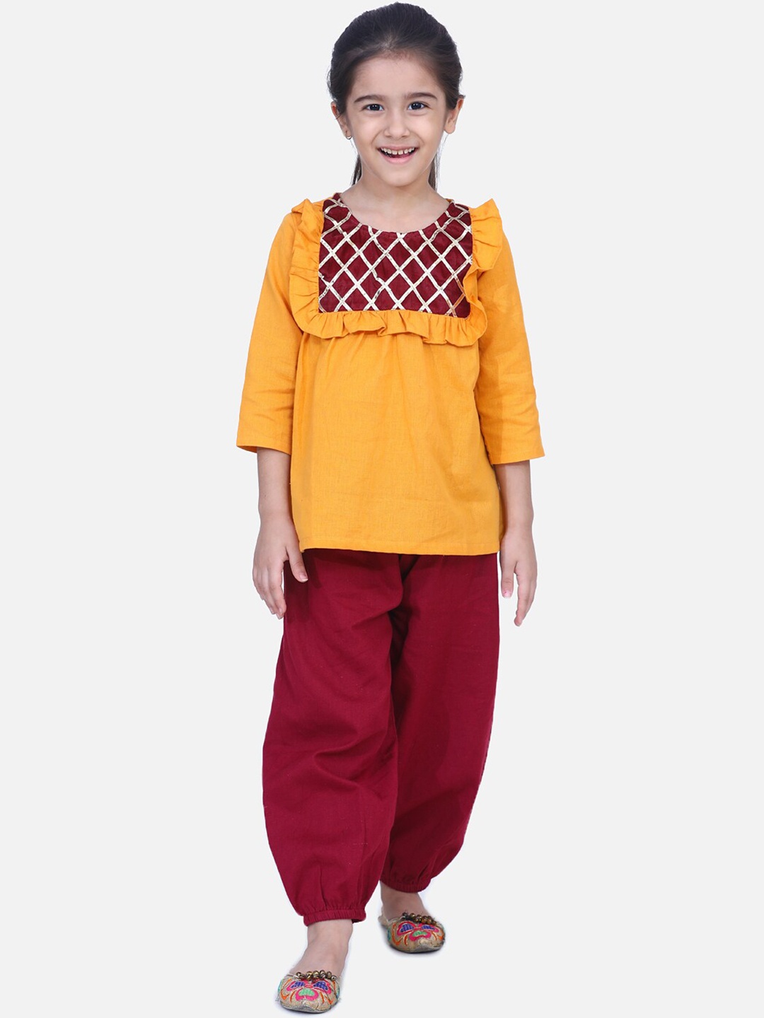 

BownBee Girls Yellow Yoke Design Kurti with Maroon Harem Pants