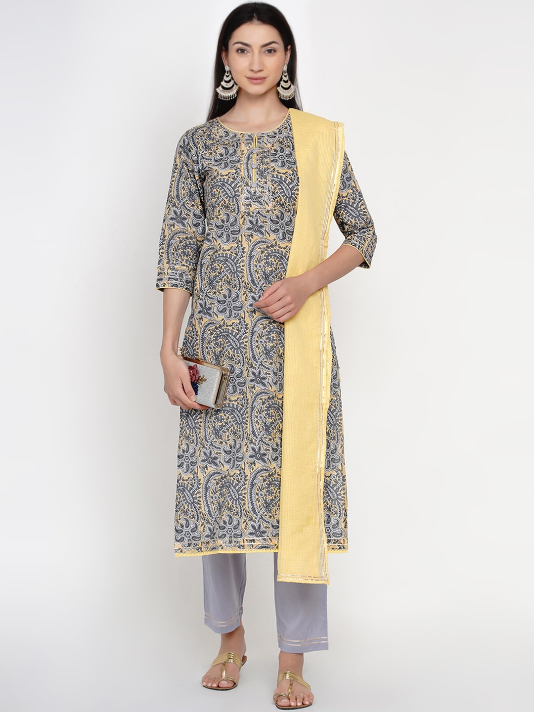 

Yuris Women Grey & Yellow Printed Kurta with Trousers & Dupatta