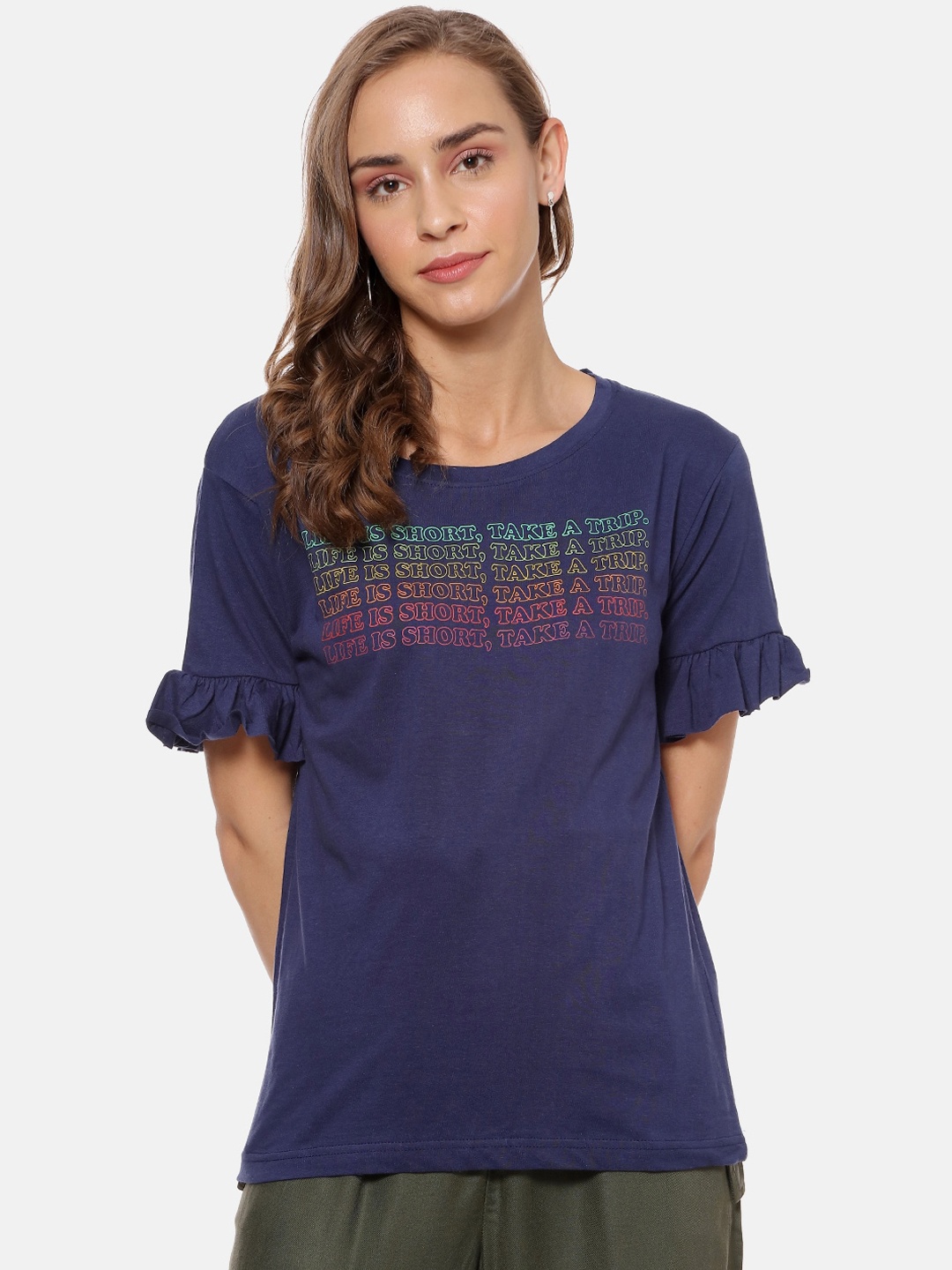 

Campus Sutra Women Navy Blue Embellished Pure Cotton Top