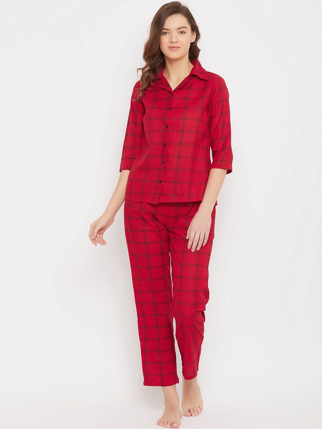

Clovia Women Red & Black Checked Night suit