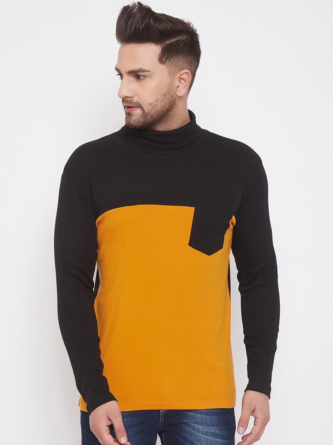 

Hypernation Men Black Colourblocked High Neck T-shirt