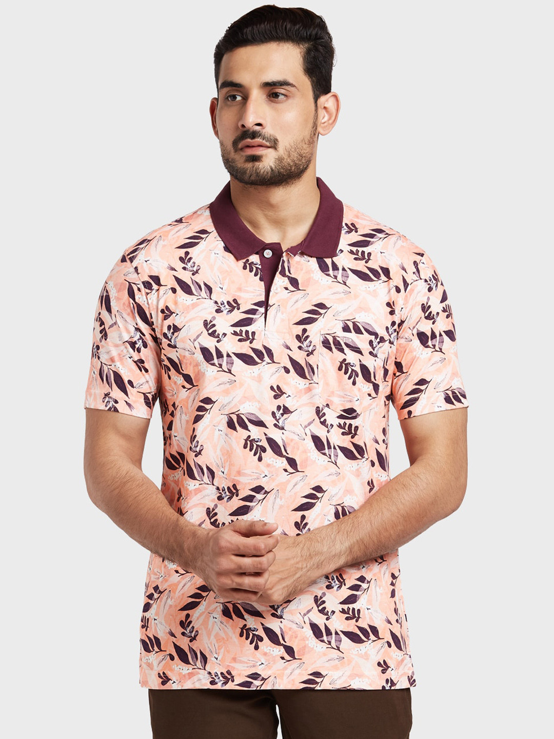 

ColorPlus Men Peach-Coloured Printed Polo Collar T-shirt